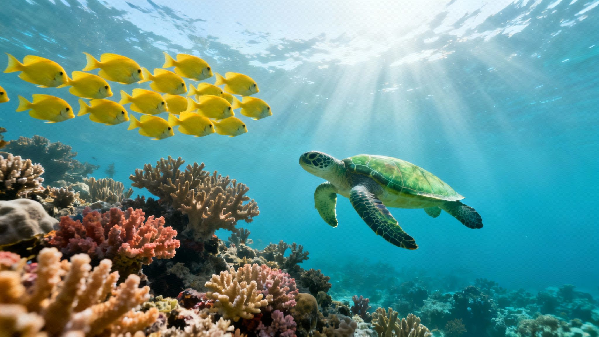 A large school of yellow tang fish swimming over a coral reef in Kealakekua Bay