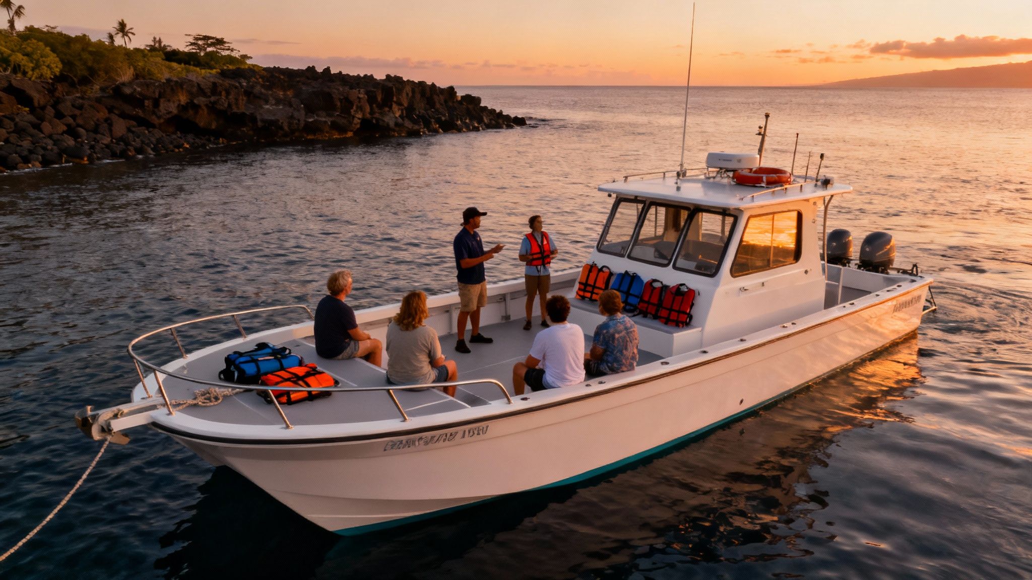 Two snorkelers watching a large manta ray swim beneath them at night
