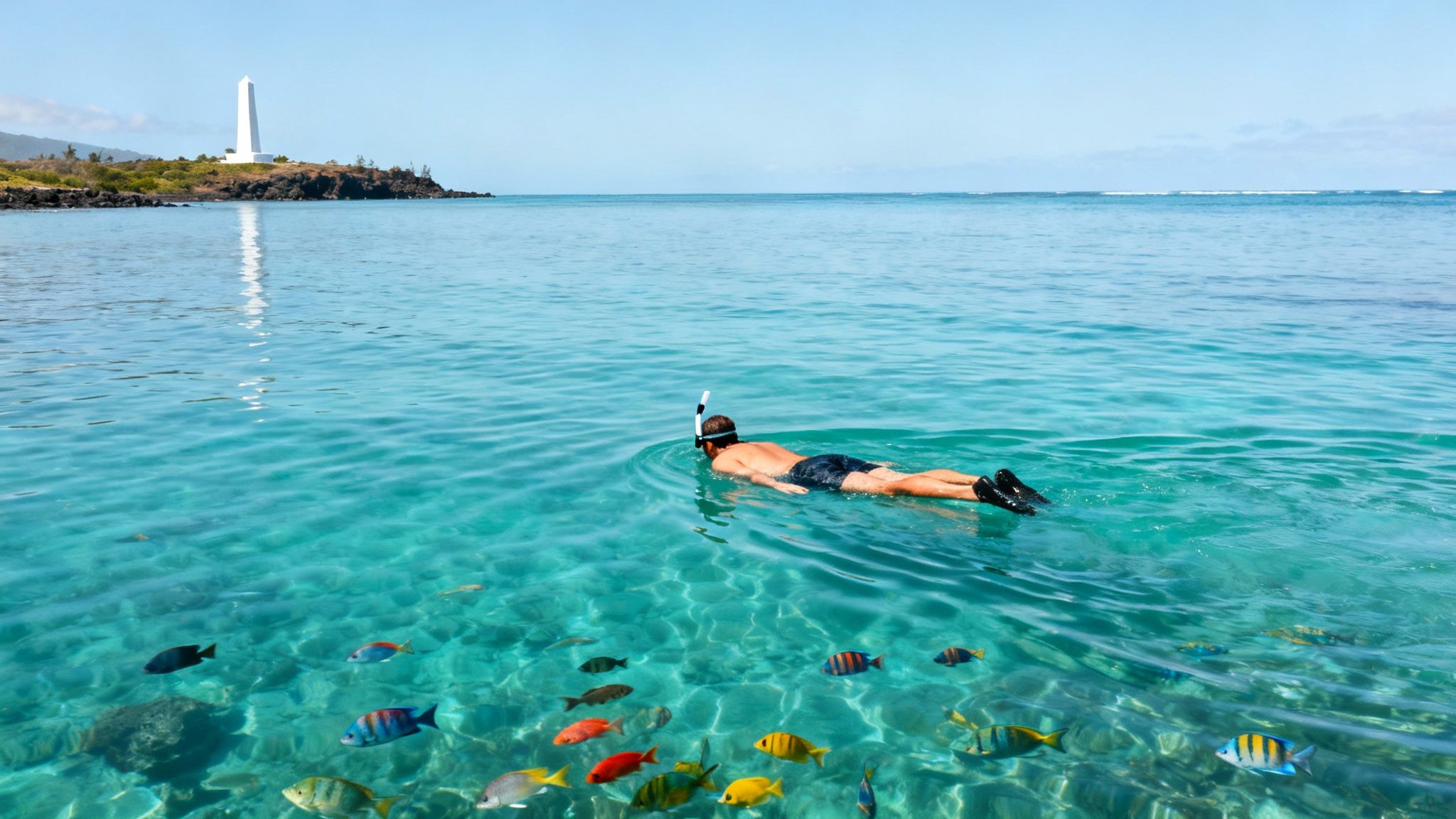 Vibrant coral reef and fish visible through clear turquoise water during a Captain Cook snorkel tour.