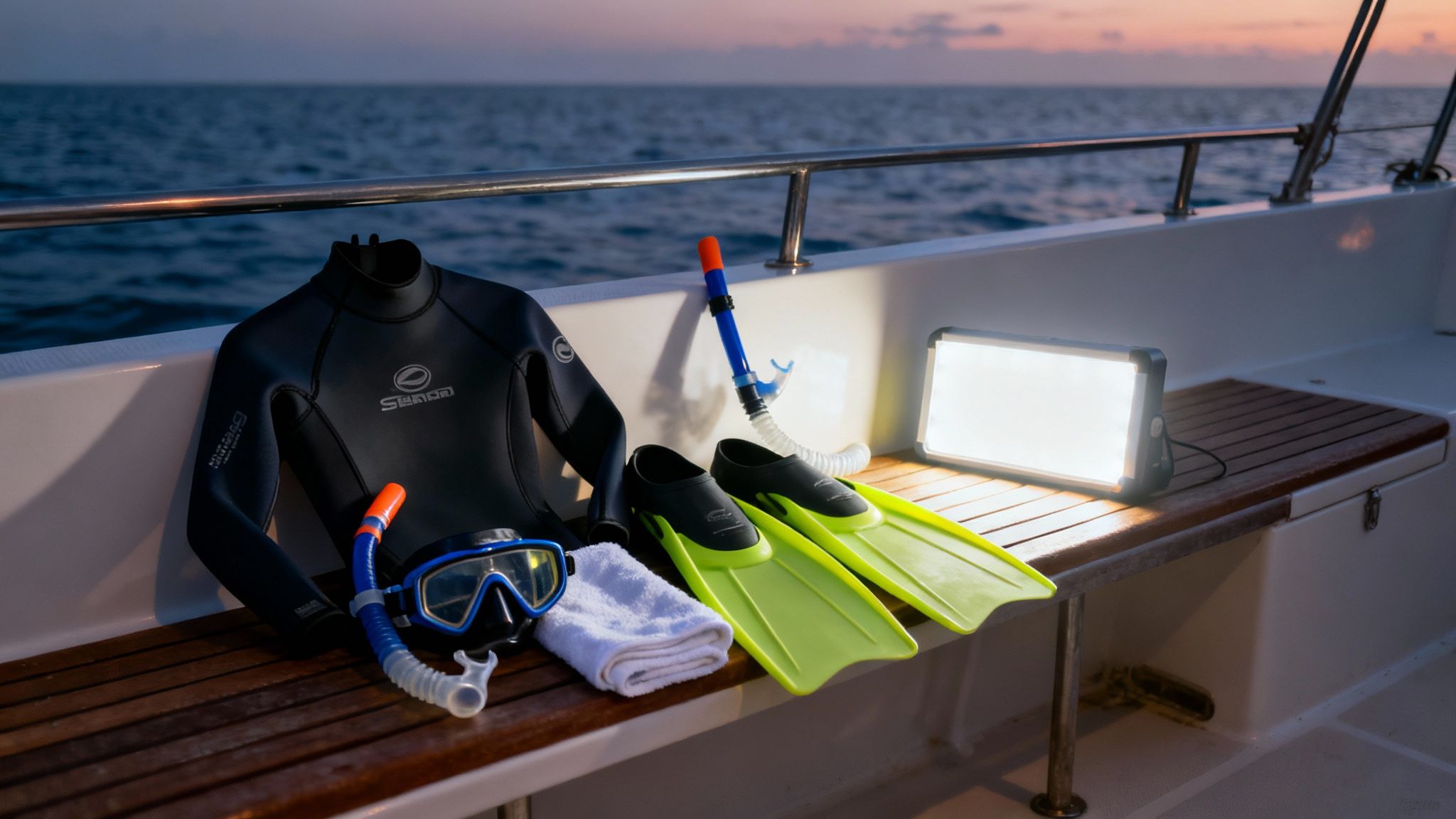 Snorkeling and diving gear, including a wetsuit, fins, mask, and snorkel, laid out on a boat deck at dusk.