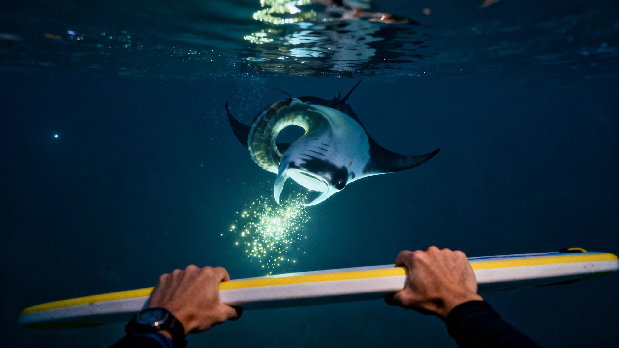Manta ray feeding on plankton near surface with snorkeler holding paddleboard watching closely