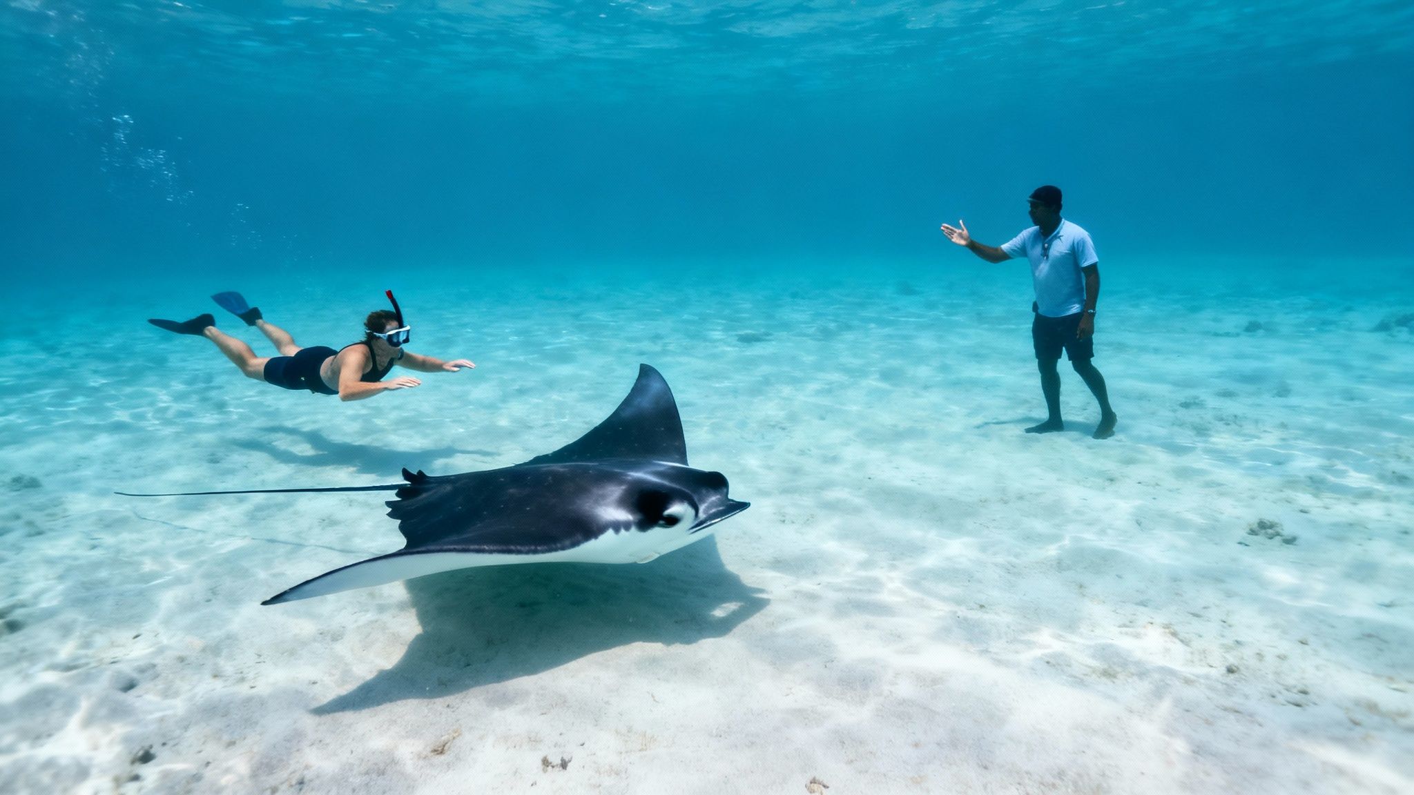 A person snorkeling near a manta ray in crystal clear shallow blue ocean water, with a guide.