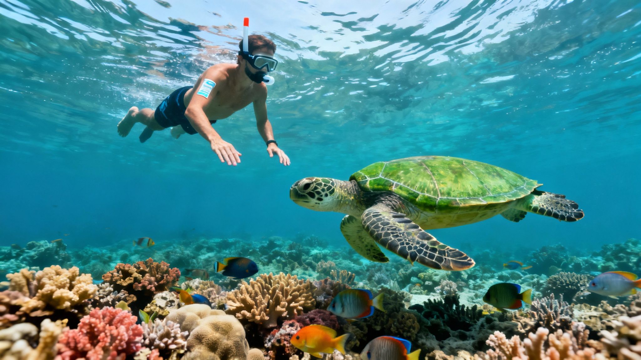 A snorkeler gently swims above a coral reef, maintaining a safe distance and observing the marine life responsibly.