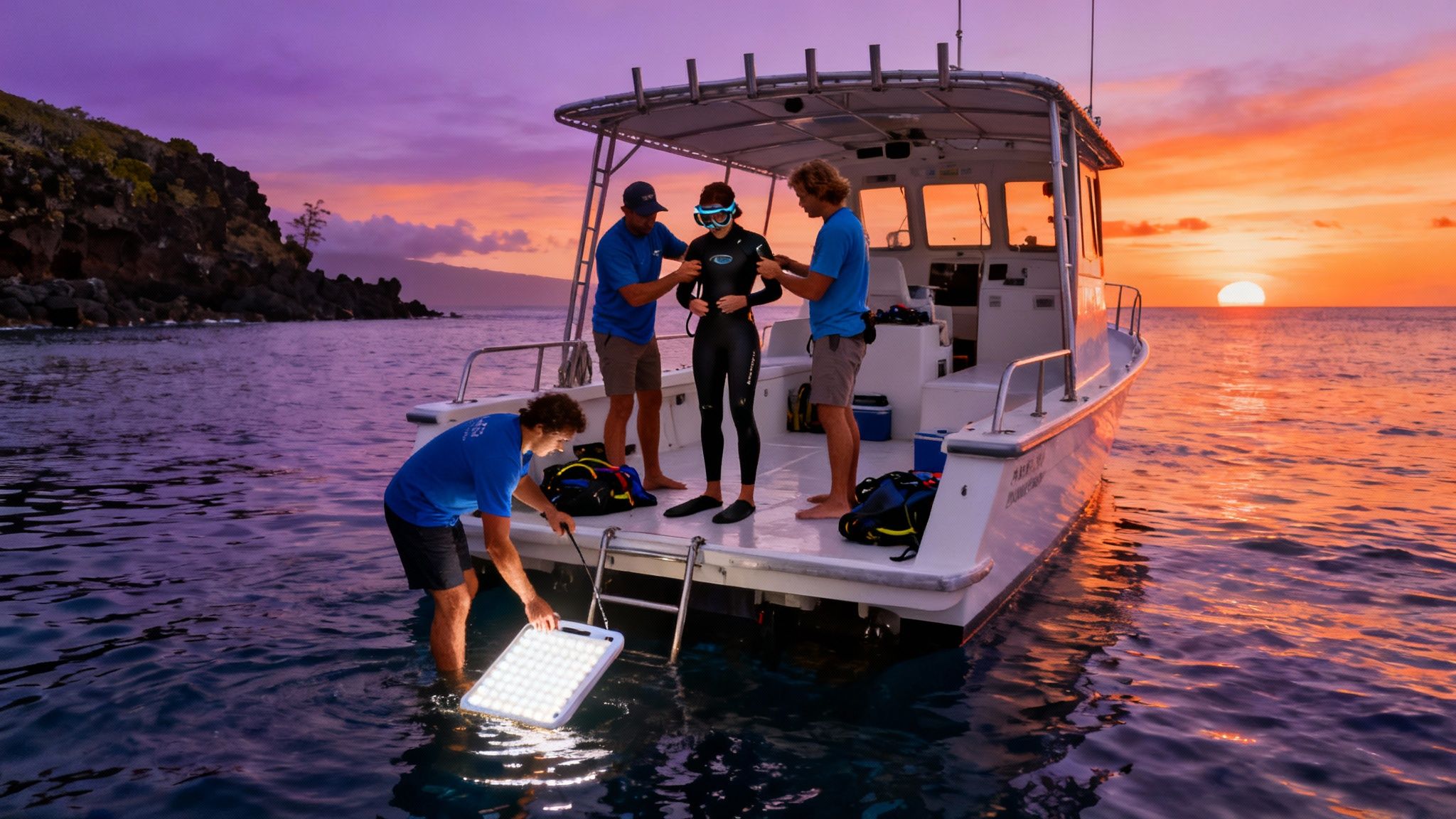 People prepare for a night snorkel from a boat at sunset, with a person holding an underwater light.