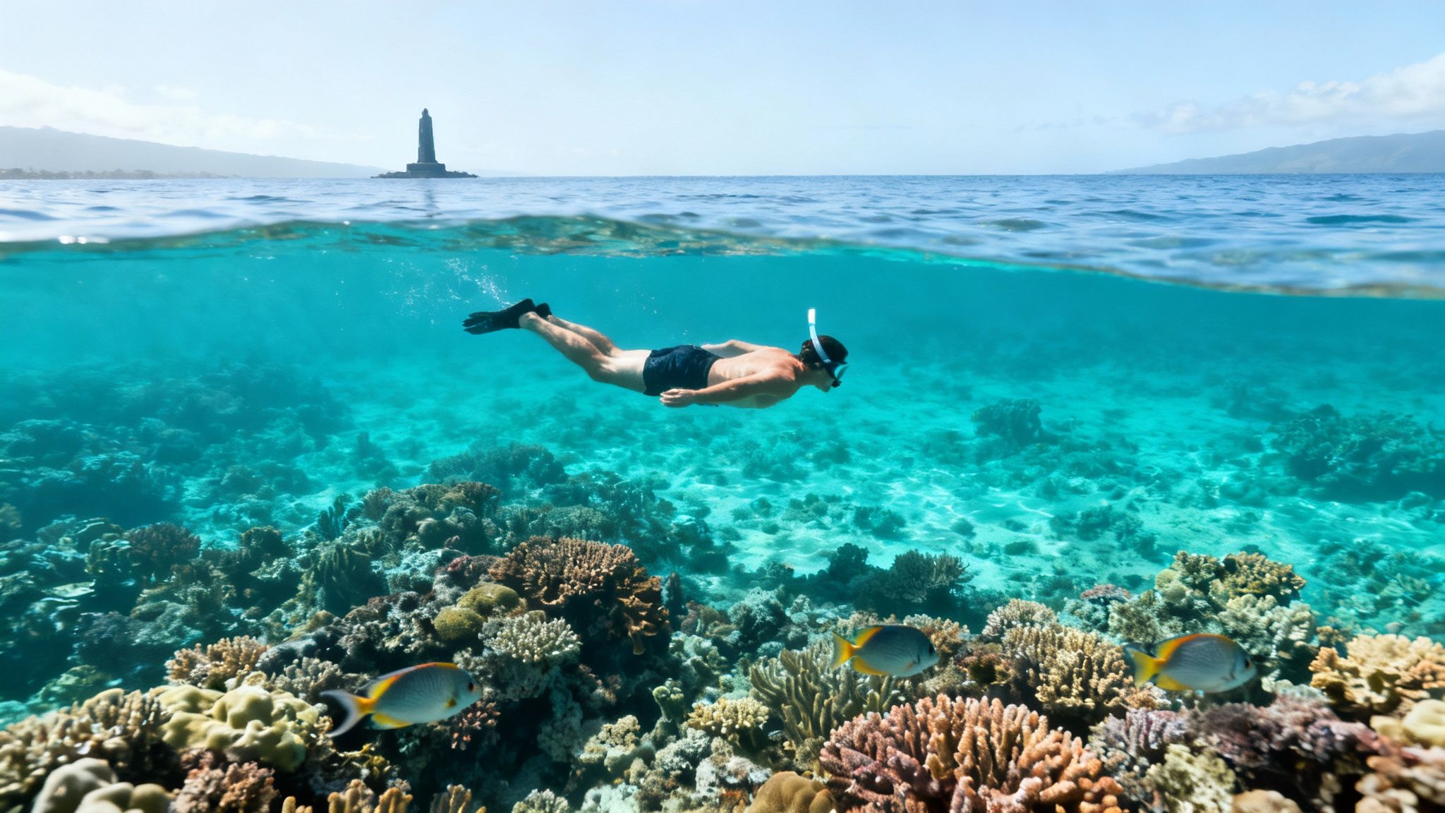 A man snorkels over a vibrant coral reef in clear blue tropical waters with colorful fish.