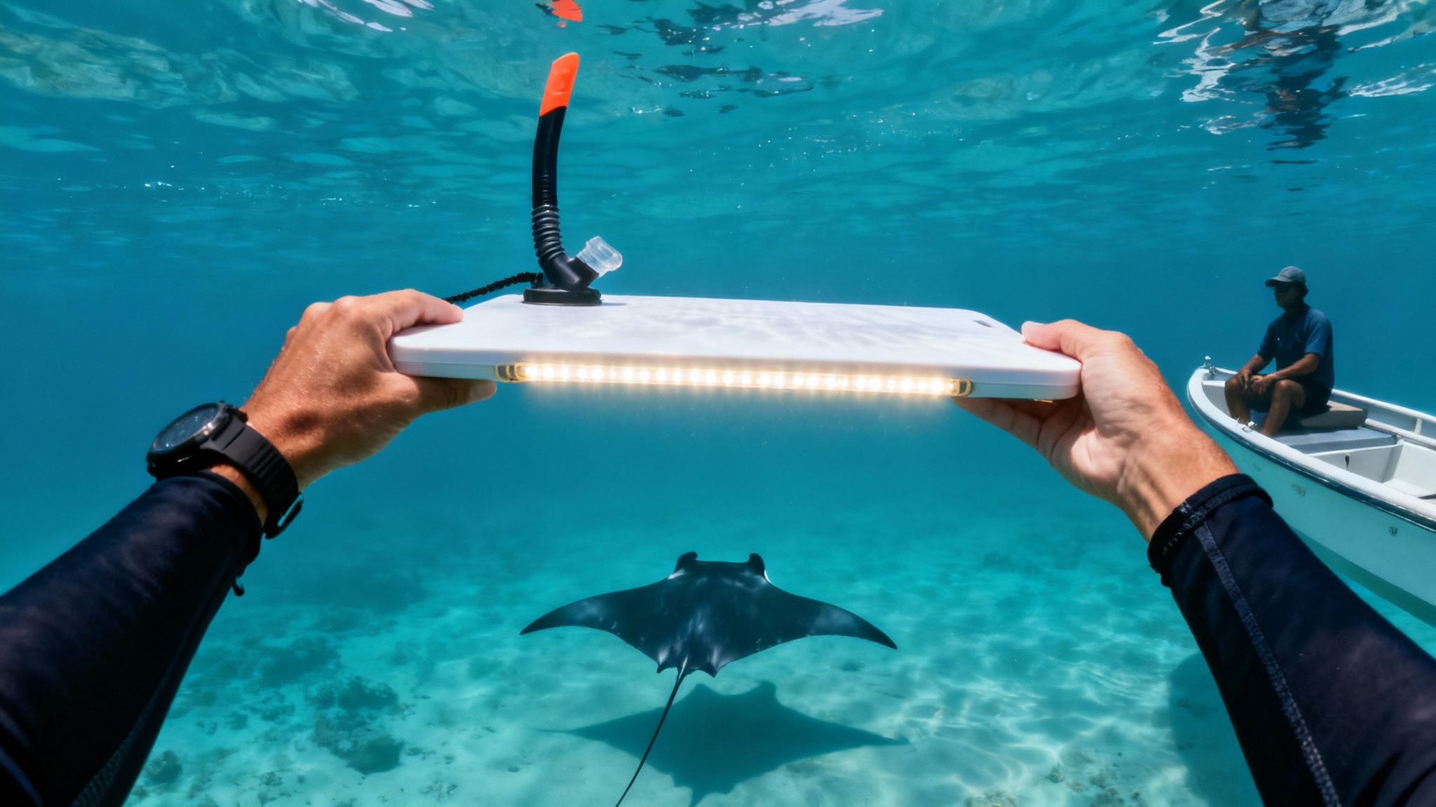 Snorkelers holding a light board watching a manta ray swim beneath them.