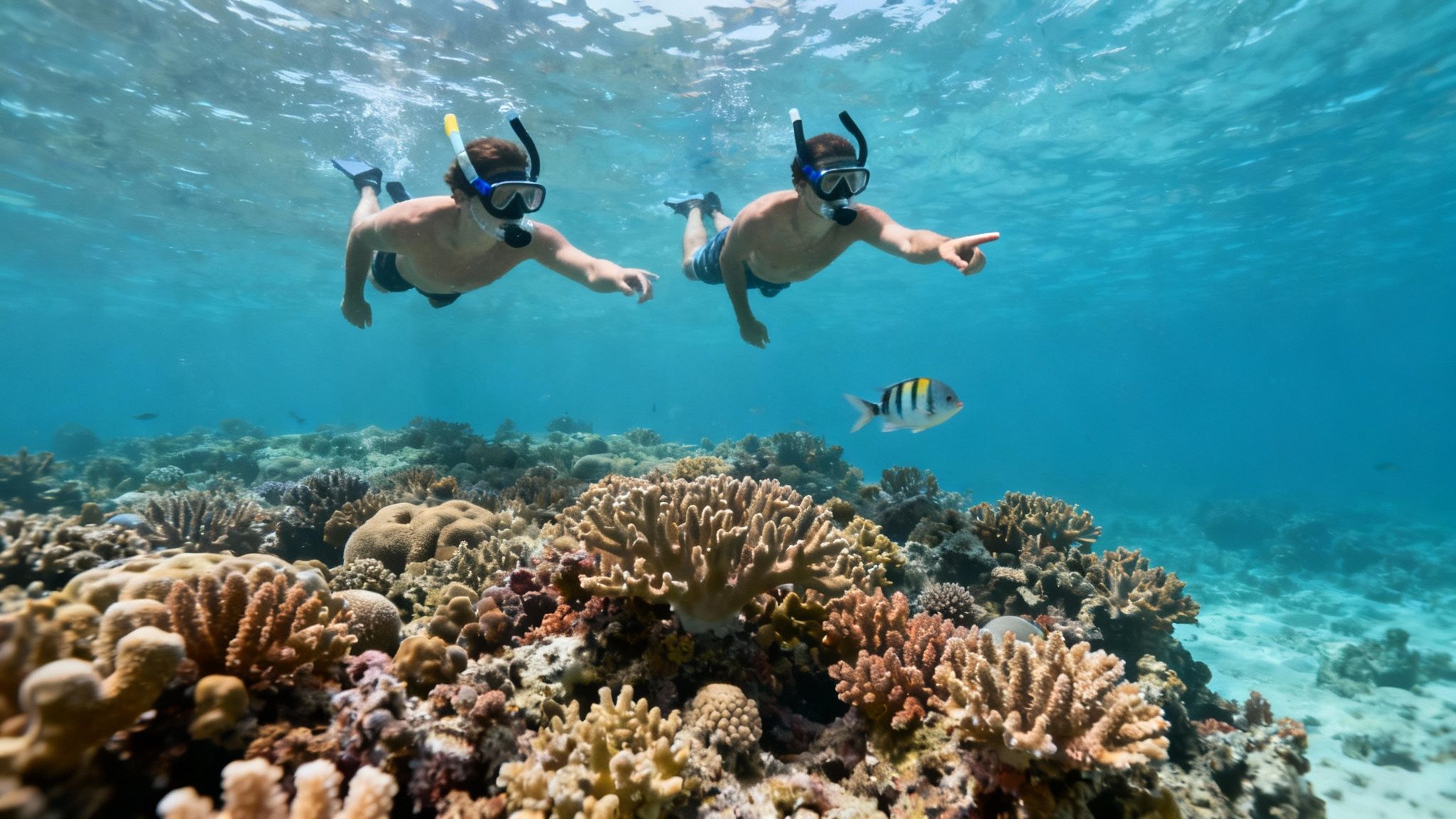 Two men snorkeling over a vibrant coral reef, observing a fish in clear blue water.