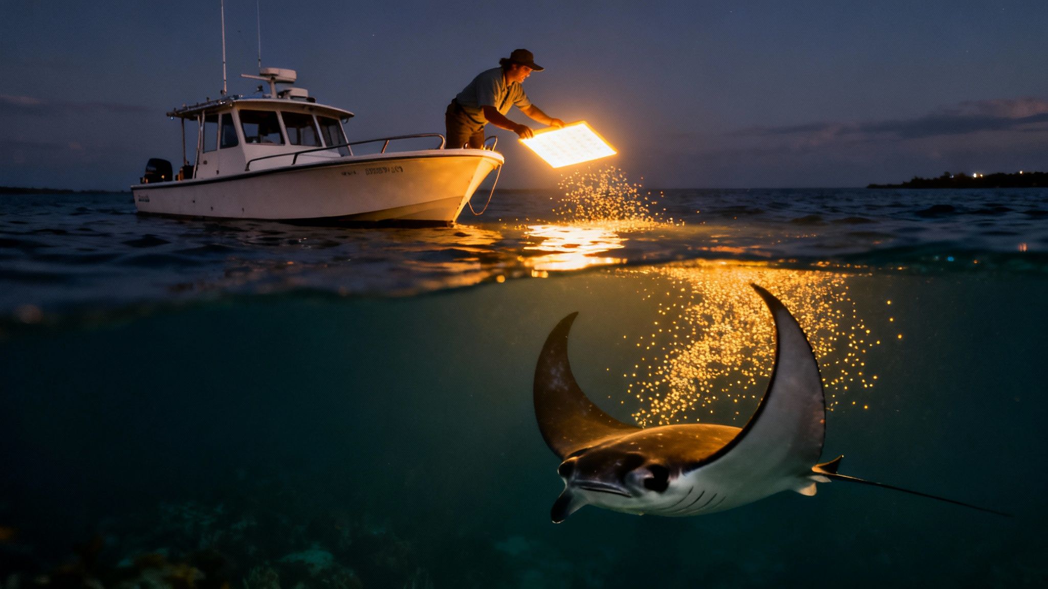 A person on a boat shines a light into the water, illuminating a swimming manta ray at night.