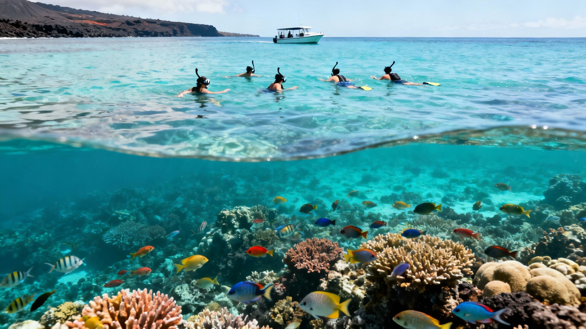 Group snorkeling in clear blue water with a vibrant coral reef and colorful fish below, volcanic coast in background.