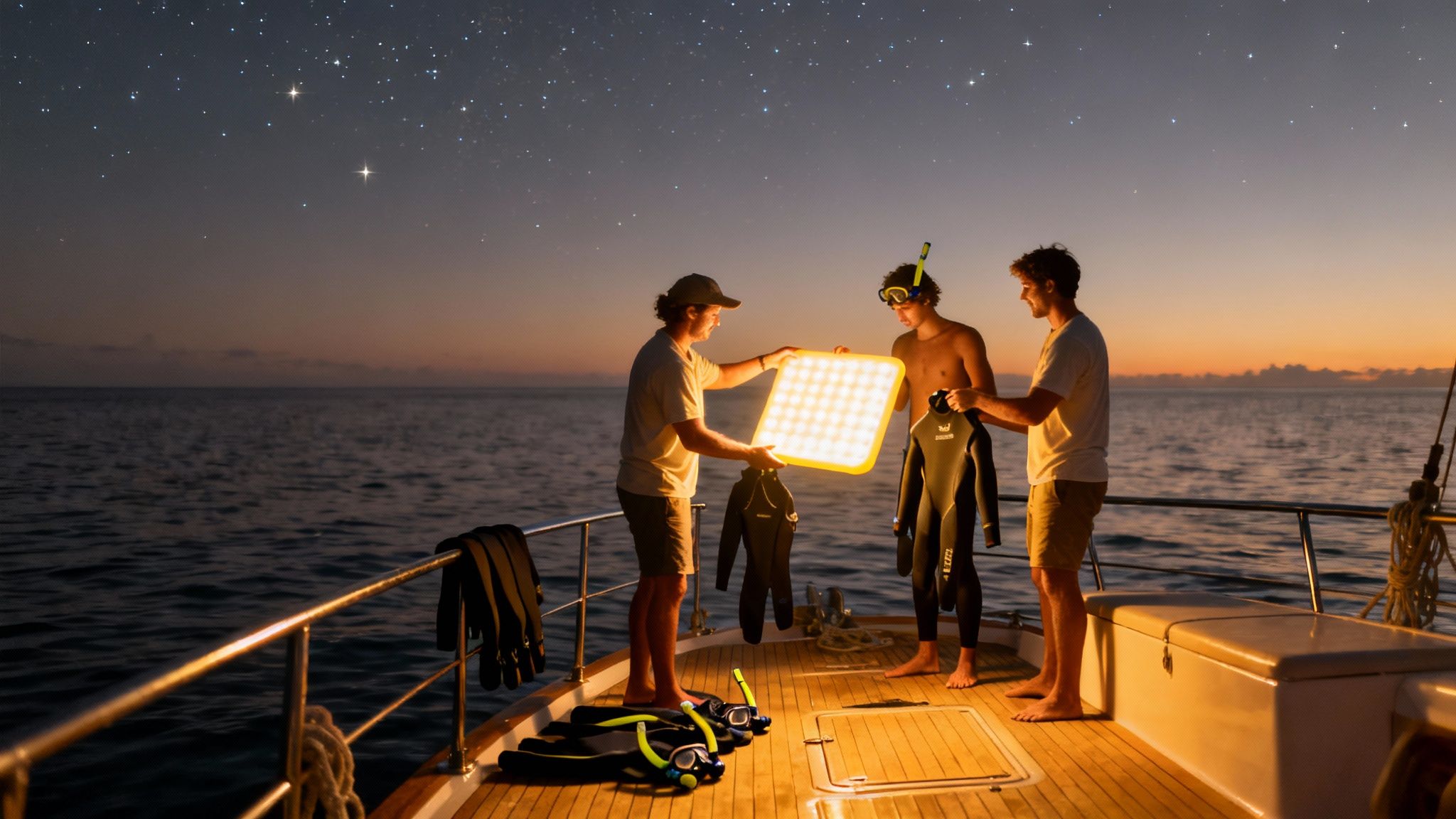 Three men on a boat at night prepare for a dive, holding an LED light and wetsuits.
