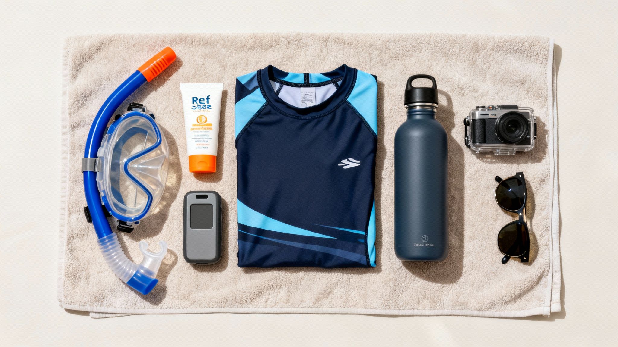 A flat lay of snorkeling gear, including a mask, snorkel, sunscreen, rash guard, water bottle, action camera, and sunglasses on a towel.