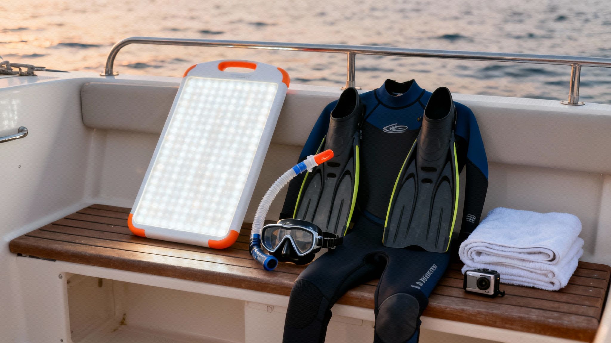 Snorkeling and diving gear, including a wetsuit, fins, mask, and LED light, on a boat deck.