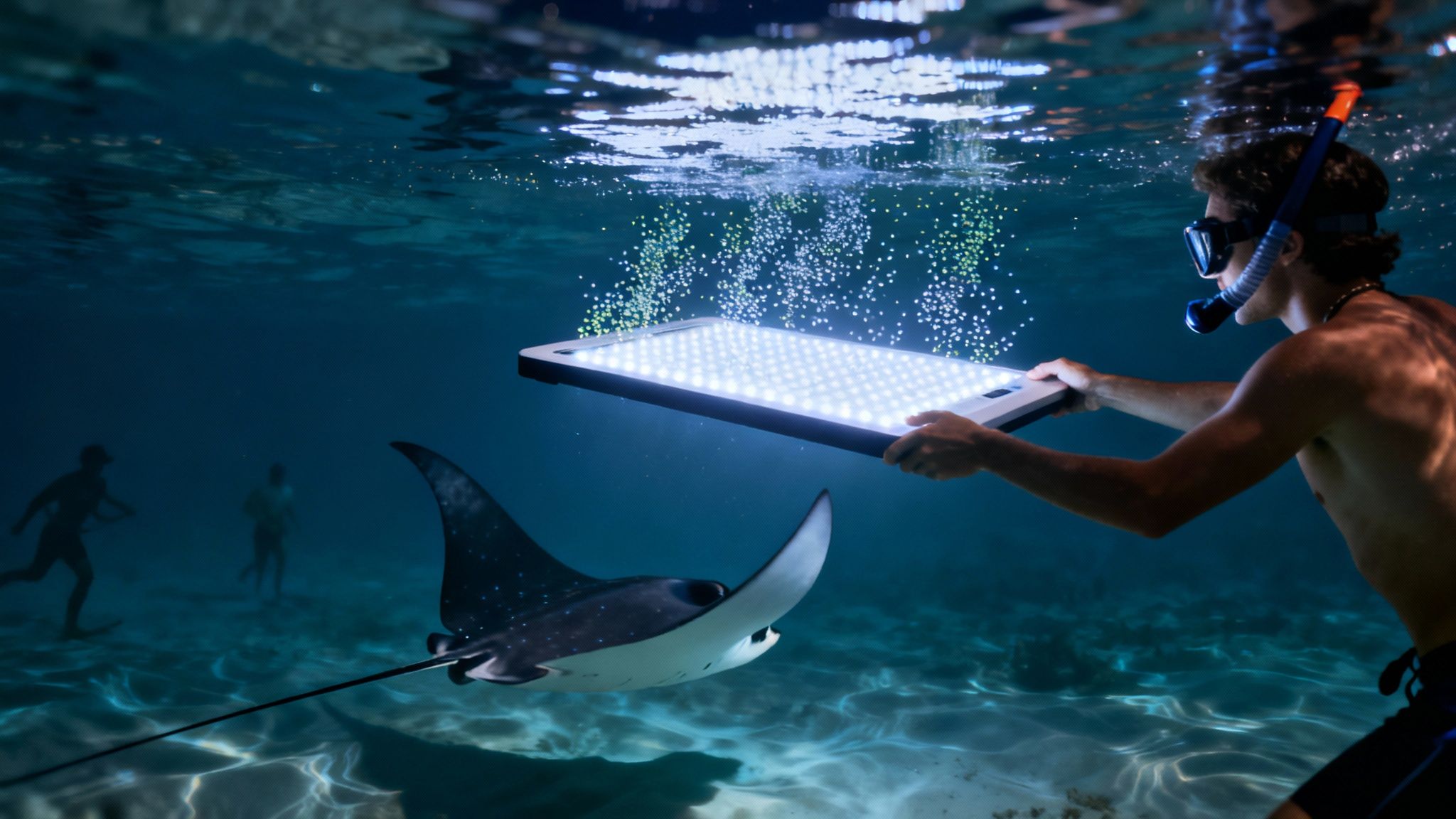 A snorkeler underwater holding a bright LED light, attracting a graceful manta ray.
