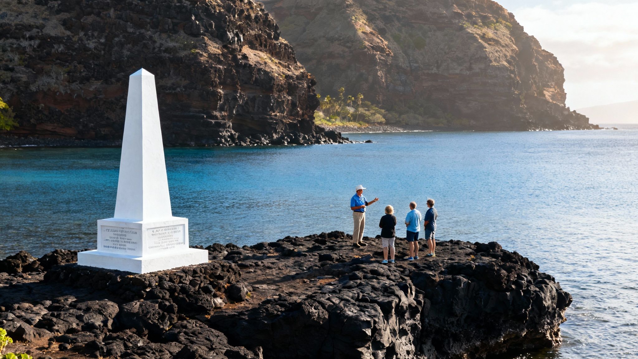 Tour guide explaining Captain Cook monument history to visitors on volcanic rocks by bay