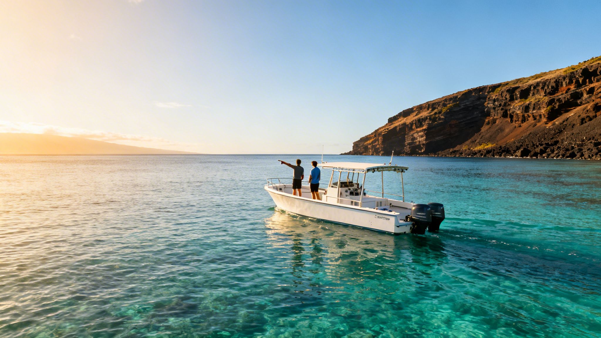 Two people on a boat in clear turquoise water, with a distant sunset and a rocky coast.