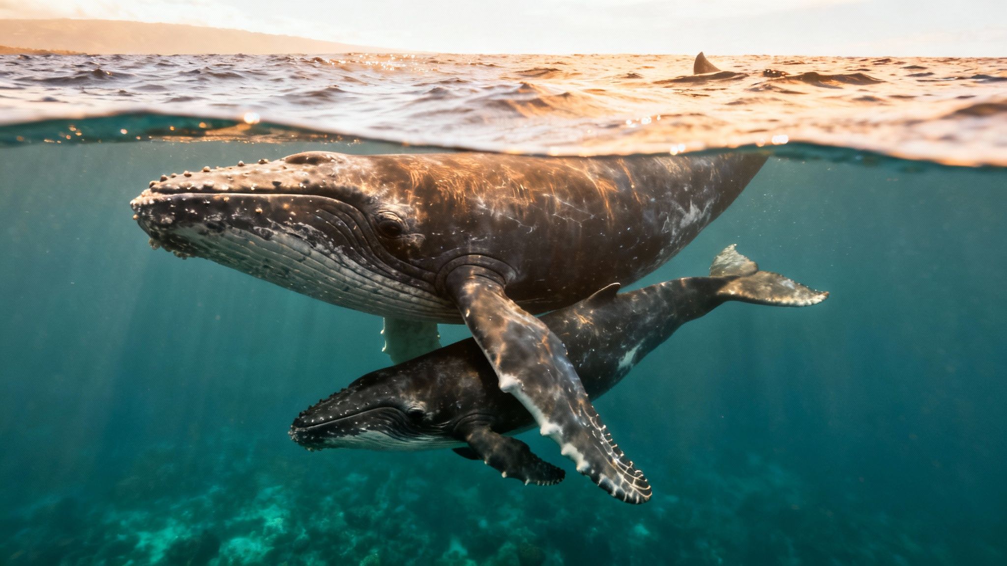 A majestic humpback whale mother and her calf swim gracefully in clear blue ocean water.
