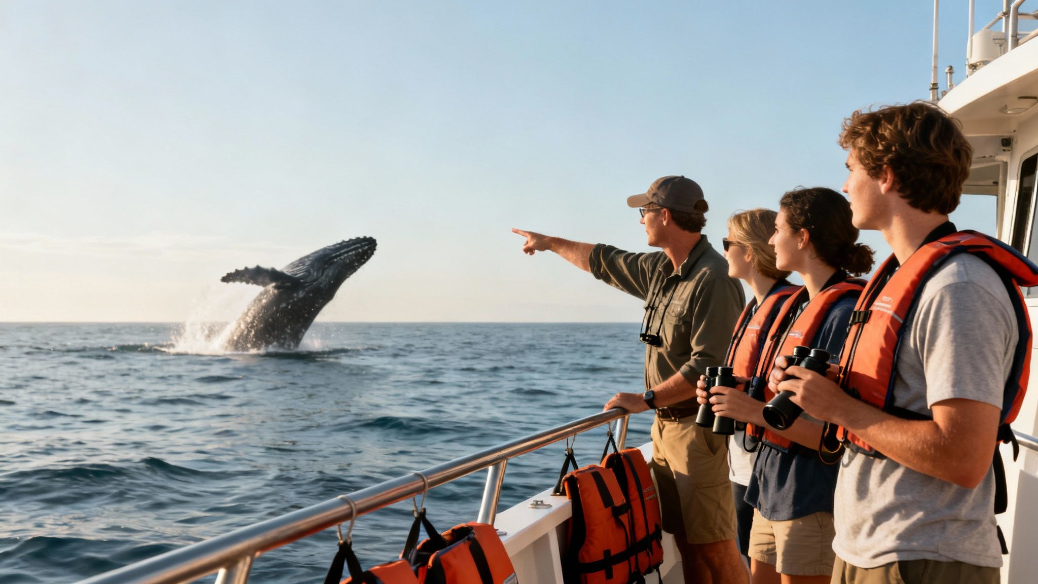 A humpback whale's tail majestically rises from the ocean with the Big Island's coastline in the background.