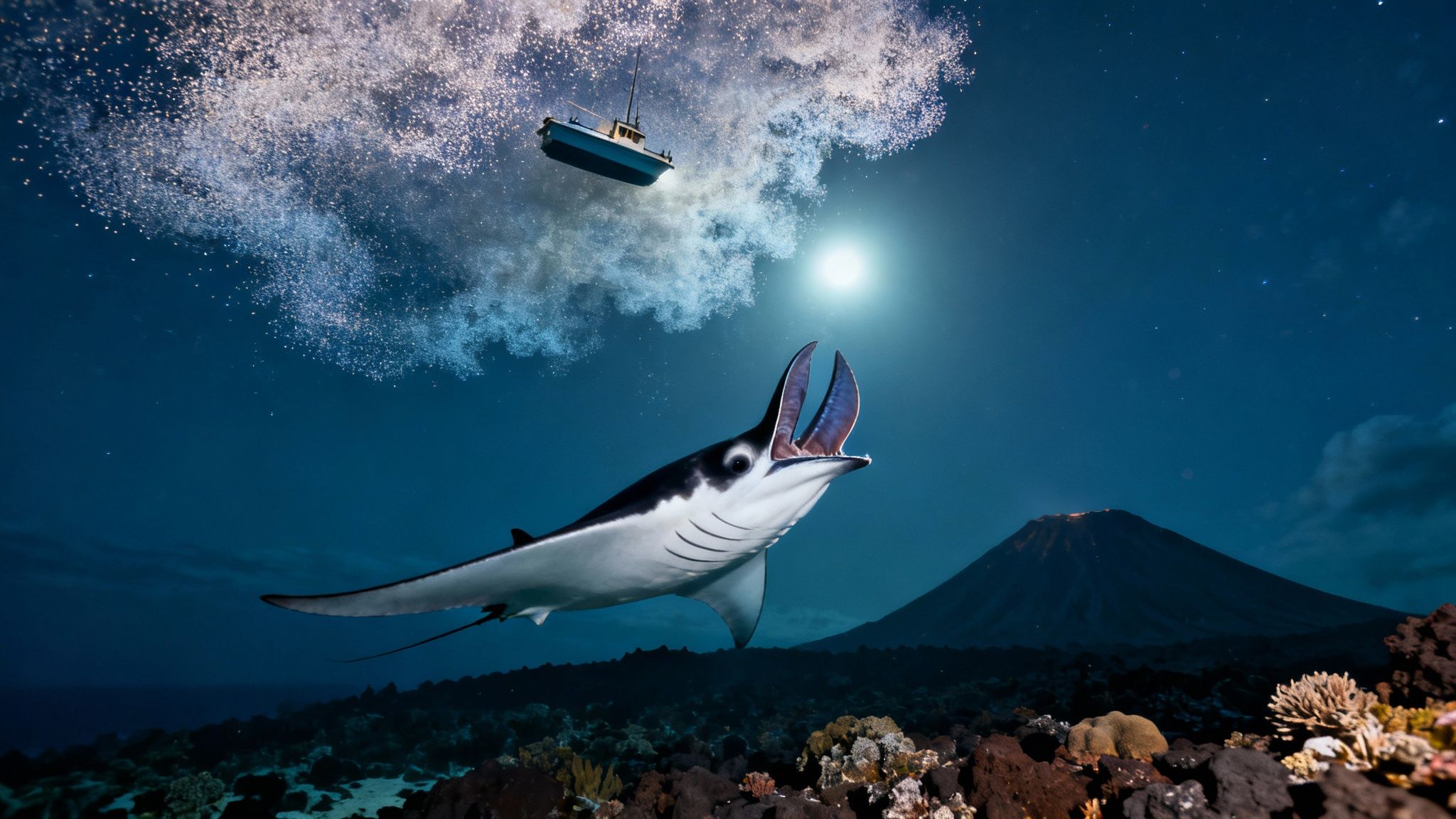 A majestic manta ray feeds underwater at night, illuminated by a full moon and distant volcanic glow.