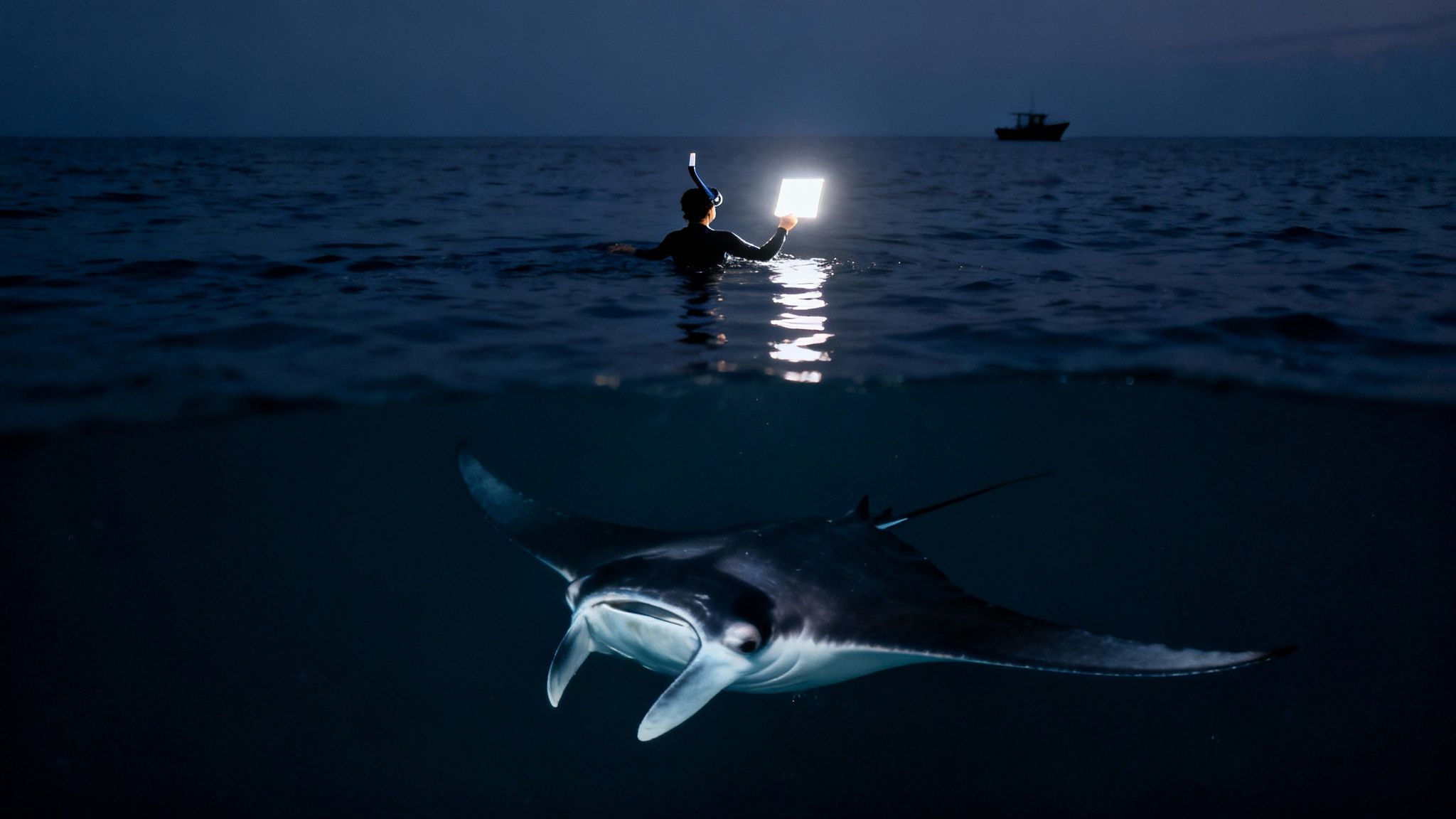 Giant manta ray swimming gracefully under a snorkeler at night in Kona, Hawaii