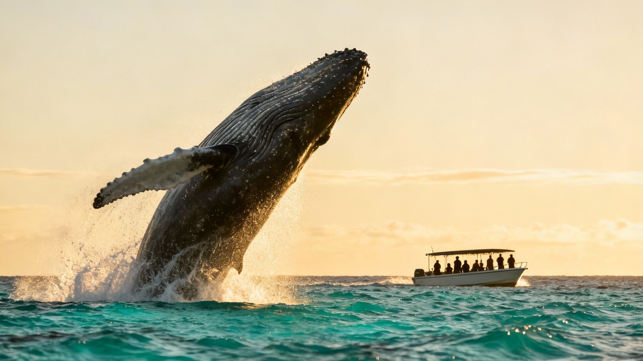 A humpback whale breaching out of the water on a Kona whale tour