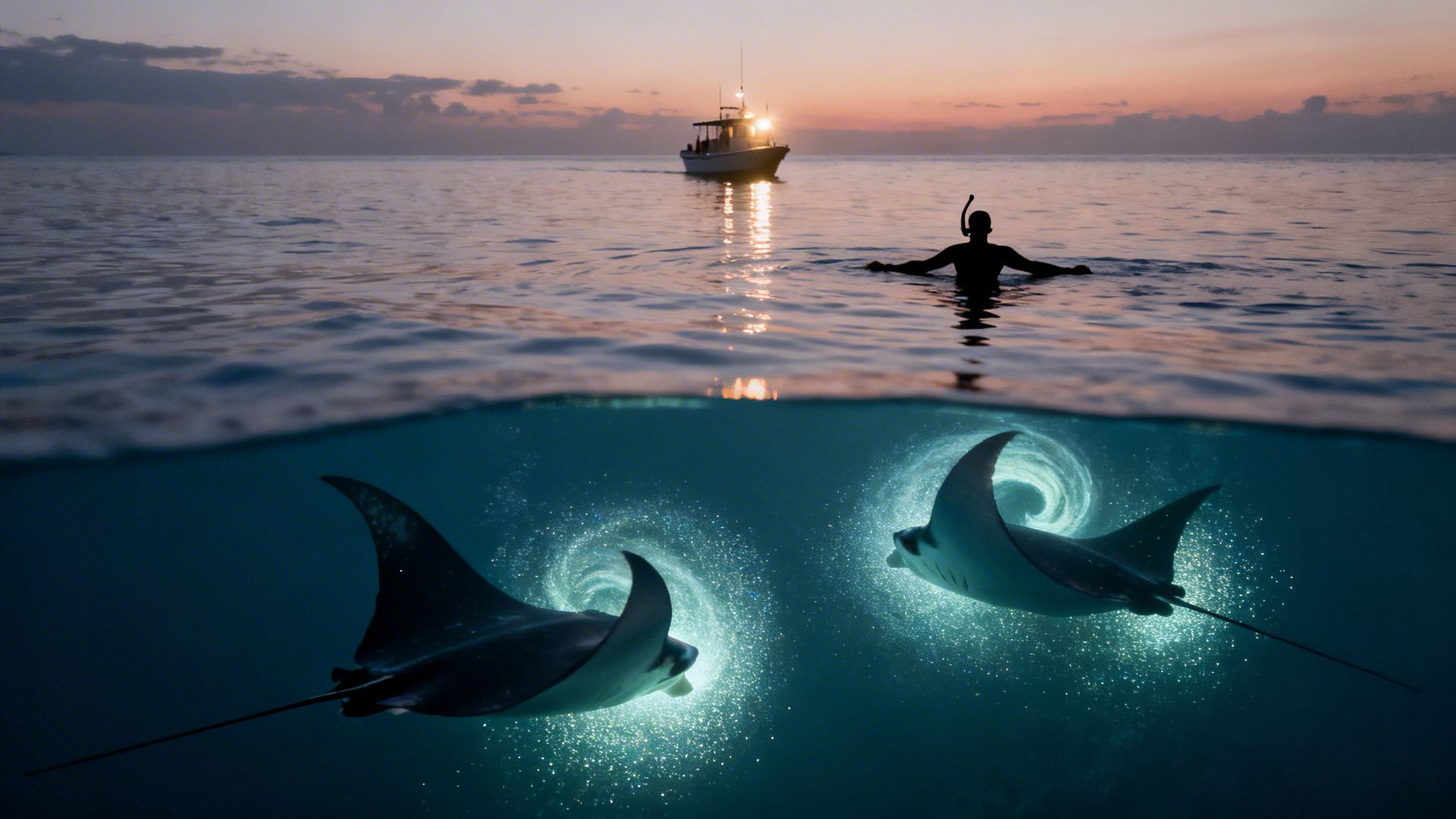 Split image of a snorkeler and boat above water, with two glowing manta rays swimming below.