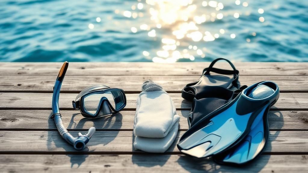 A person's feet with snorkel fins on, sitting on the edge of a boat ready to jump into the clear blue water.