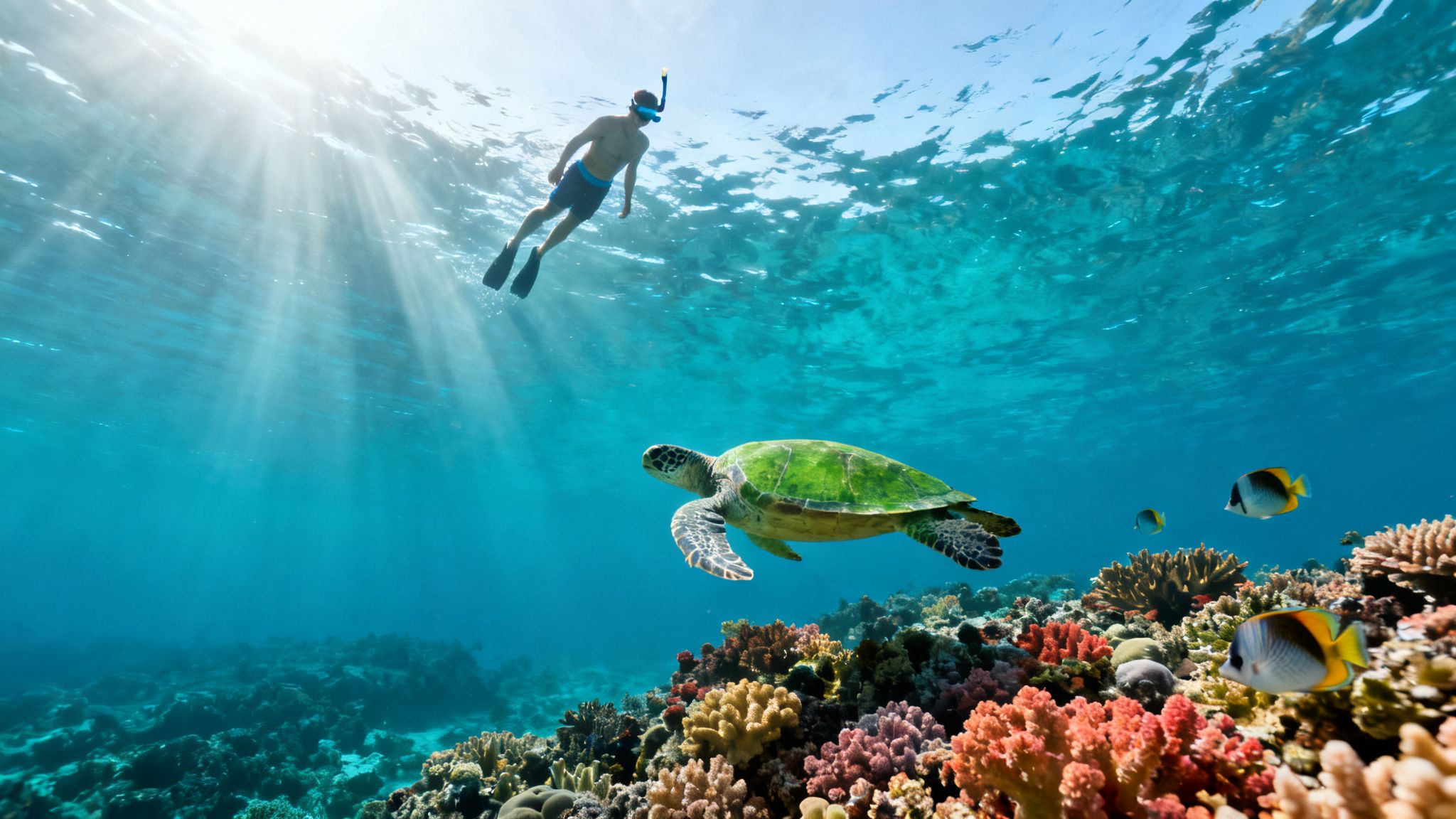 A snorkeler swims above a green sea turtle and vibrant coral reef with tropical fish.