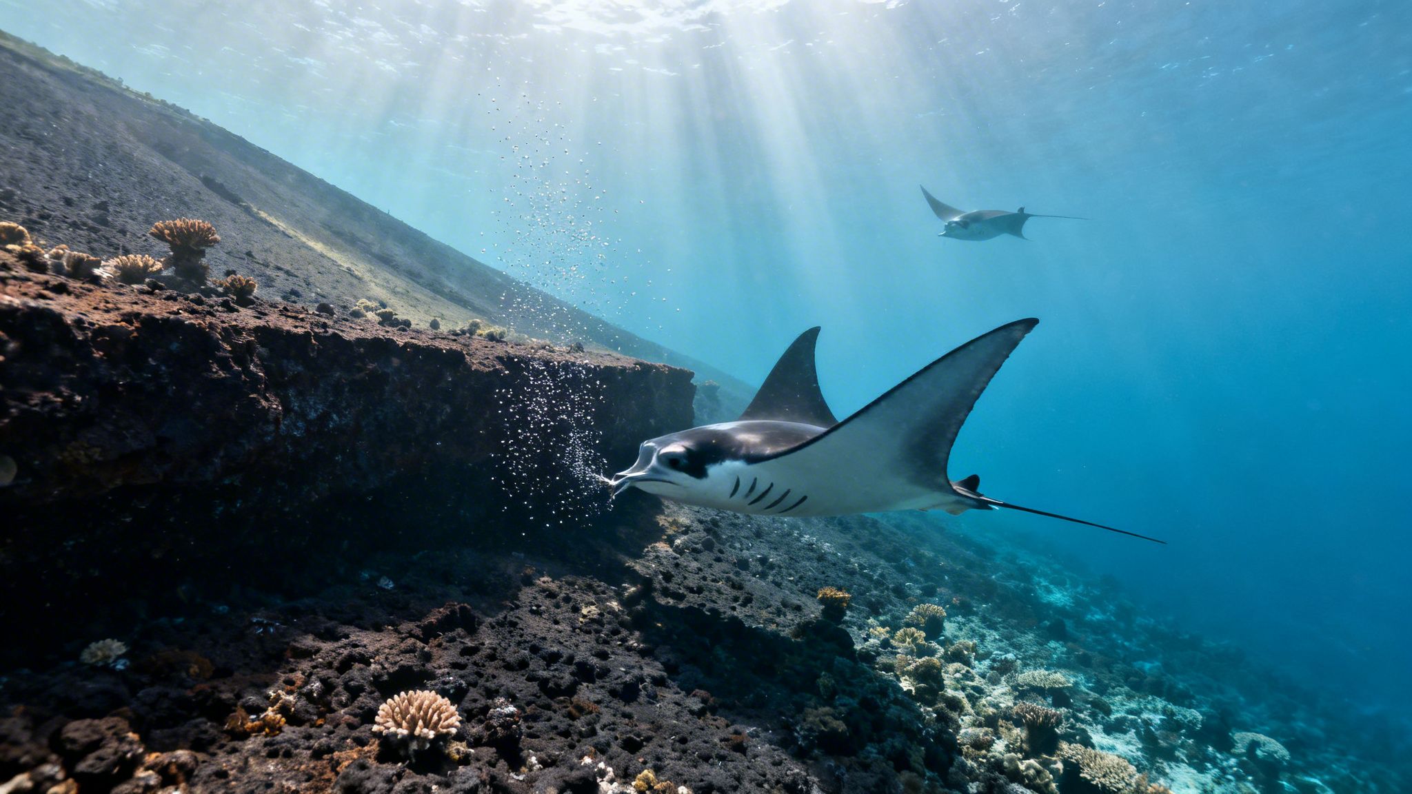 Two majestic manta rays swim gracefully near a vibrant coral reef, with sunlight piercing the clear blue ocean.