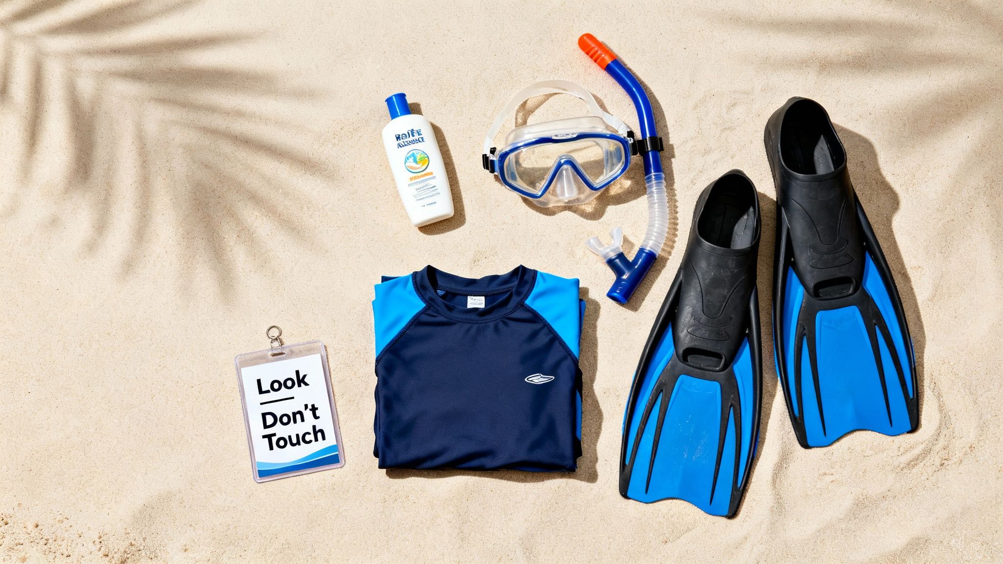 Snorkeling gear, including a mask, snorkel, fins, rash guard, and sunscreen, laid out on sandy beach.
