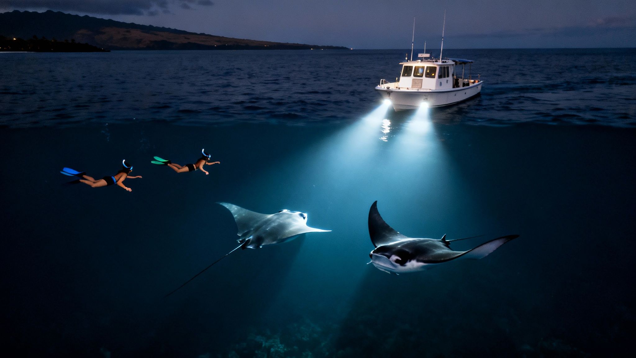 Three snorkelers observing two giant manta rays illuminated by boat lights at night.