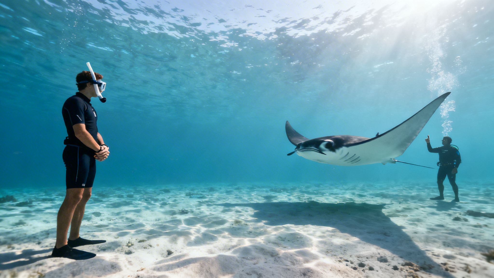 A snorkeler and a scuba diver observe a majestic manta ray in clear blue ocean water.