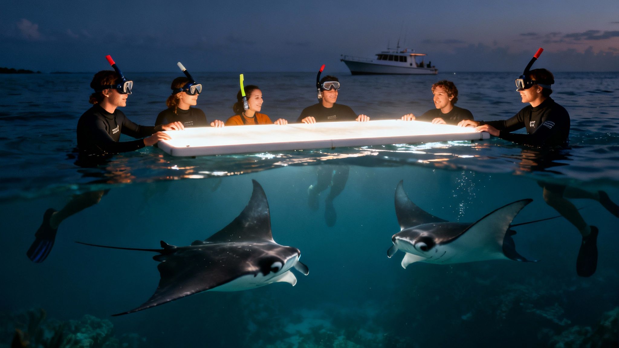 Group of snorkelers observe two magnificent manta rays at night under a glowing board.