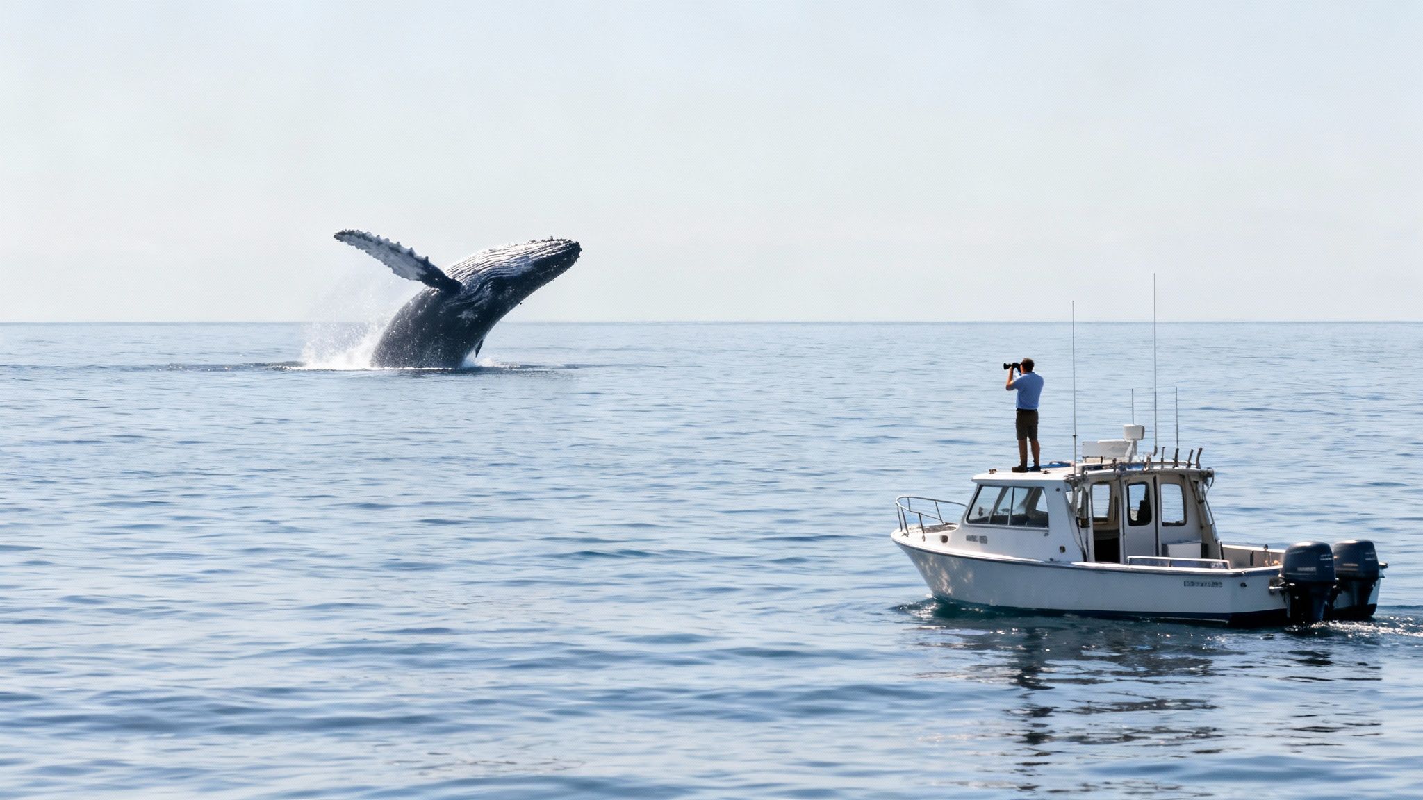 A photographer on a boat captures a majestic whale breaching from the calm blue sea.