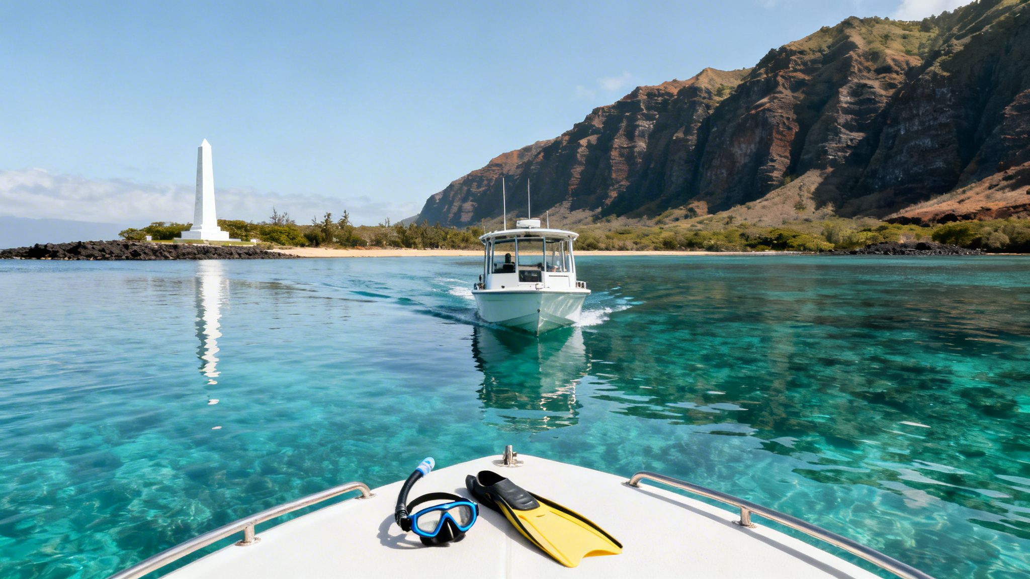 Snorkel gear on a boat's bow with another boat approaching a white monument and Hawaiian mountains.