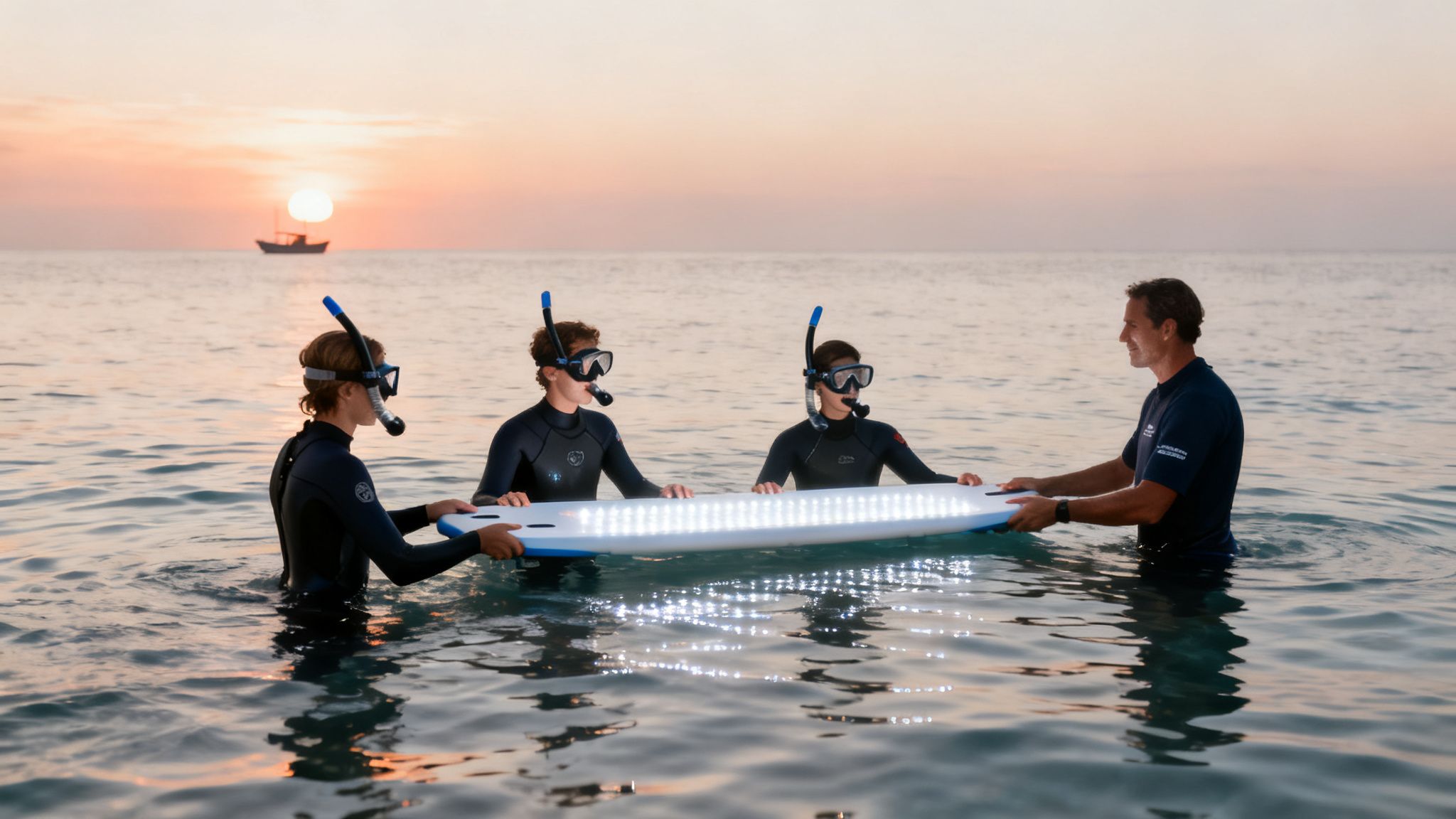 Four people in wetsuits and snorkels hold an illuminated board for night snorkeling at sunset.