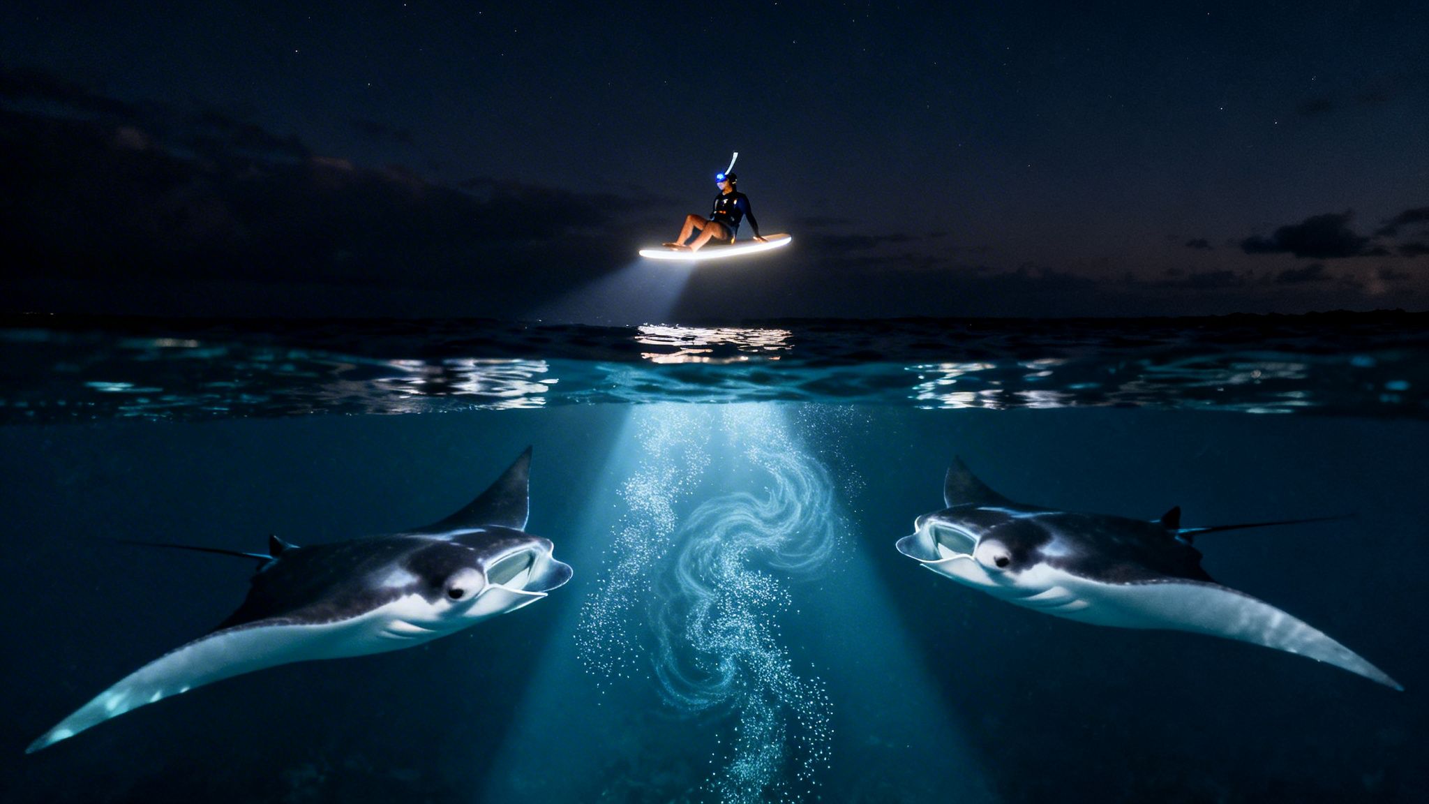 A person on a glowing board snorkeling at night, illuminating two manta rays in the dark ocean.