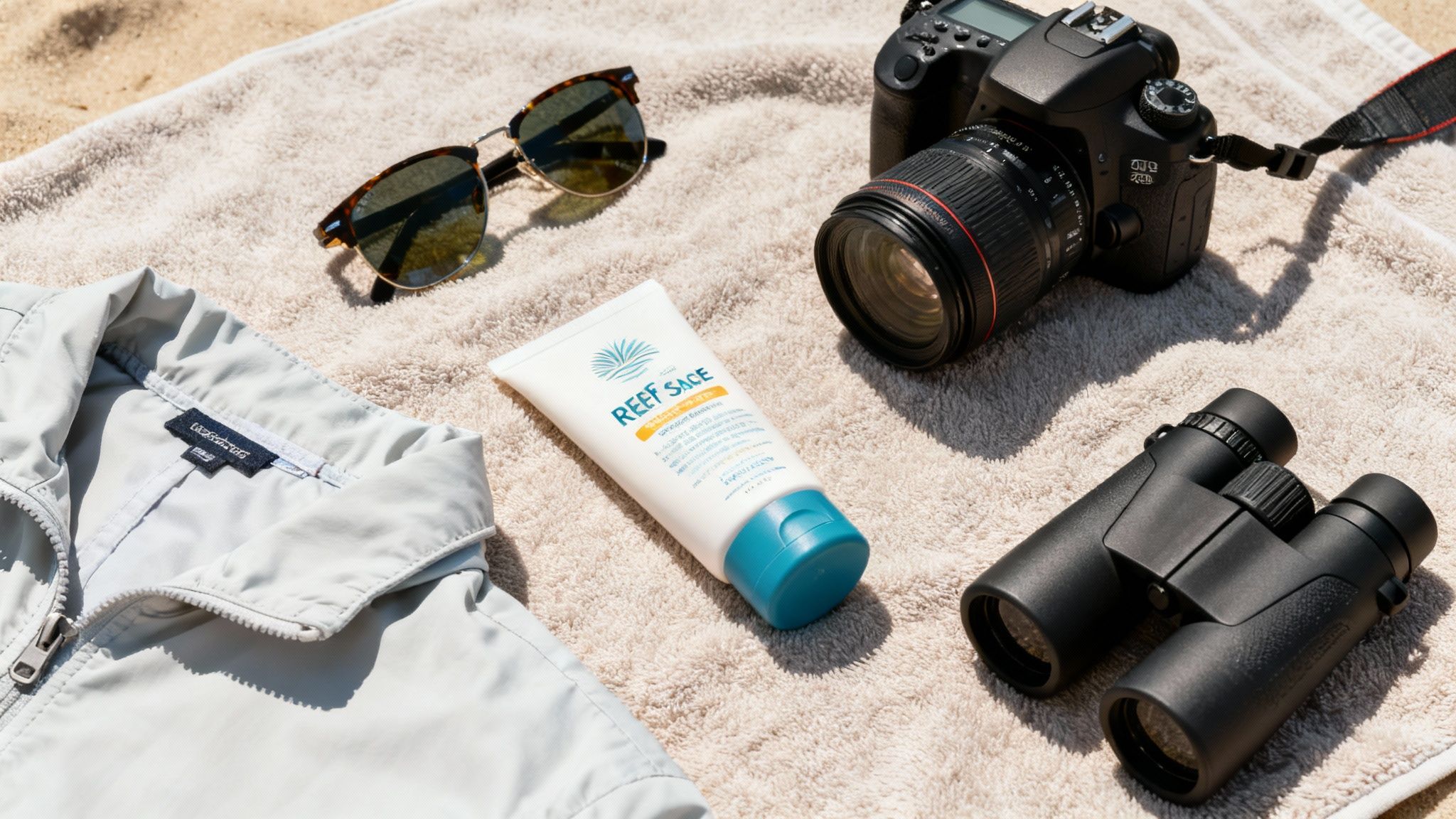 A flat lay of beach and travel essentials including a jacket, sunglasses, sunscreen, camera, and binoculars on a towel.