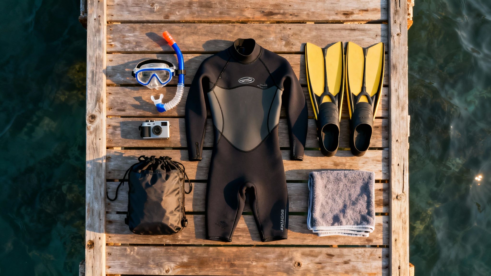 Snorkeling gear, wetsuit, camera, bag, and towel laid out on a wooden dock by the sea.