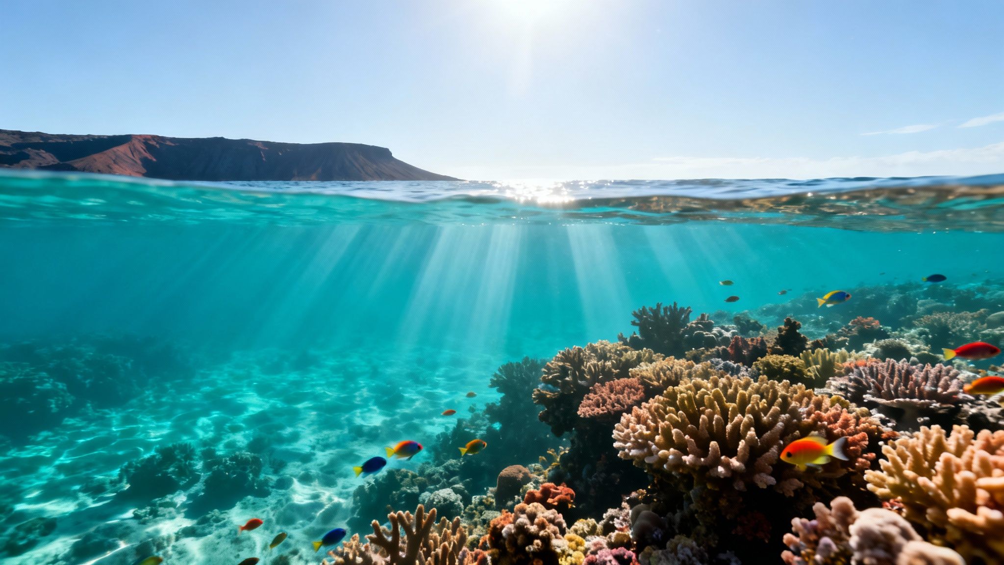 Over/under shot of a vibrant coral reef with colorful fish, sun rays, and a distant island.