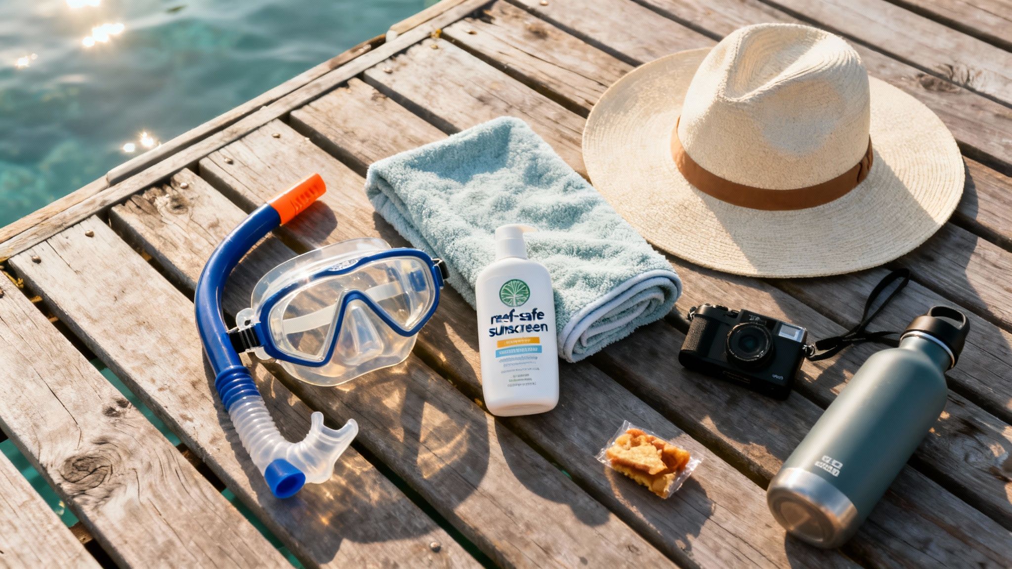 Snorkeling gear, reef-safe sunscreen, hat, and camera laid out on a wooden dock by the ocean.