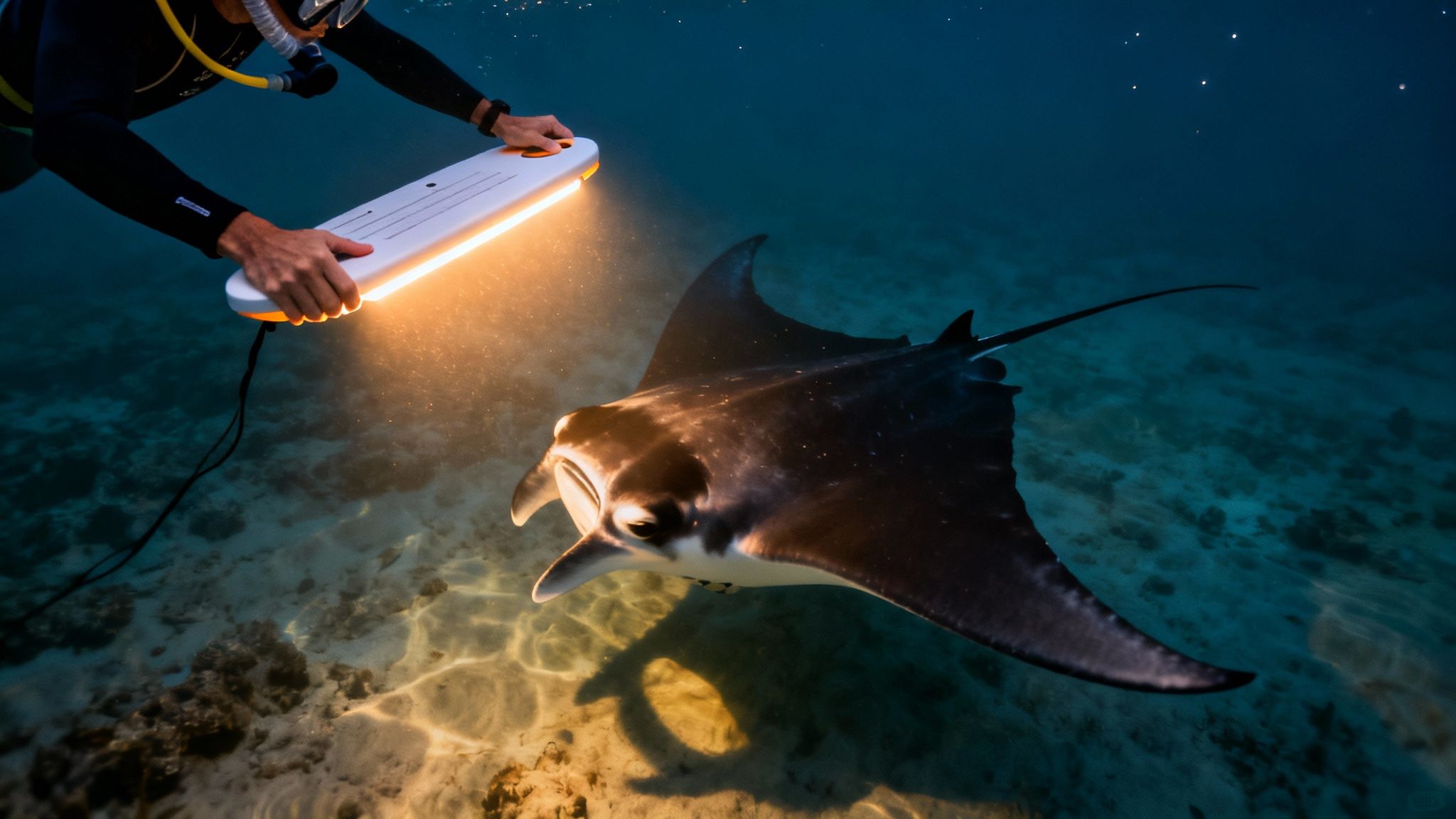 A diver with a glowing light board illuminates a majestic manta ray swimming underwater at night.