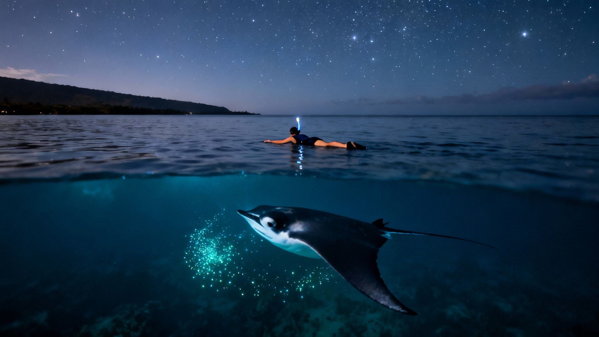 A person with a glowing snorkel observes a majestic manta ray swimming among bioluminescent plankton under a starry night sky.