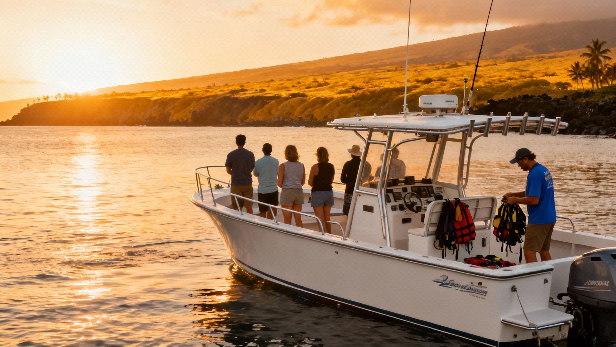A group of people on a boat watching a golden sunset over a Hawaiian coastline.