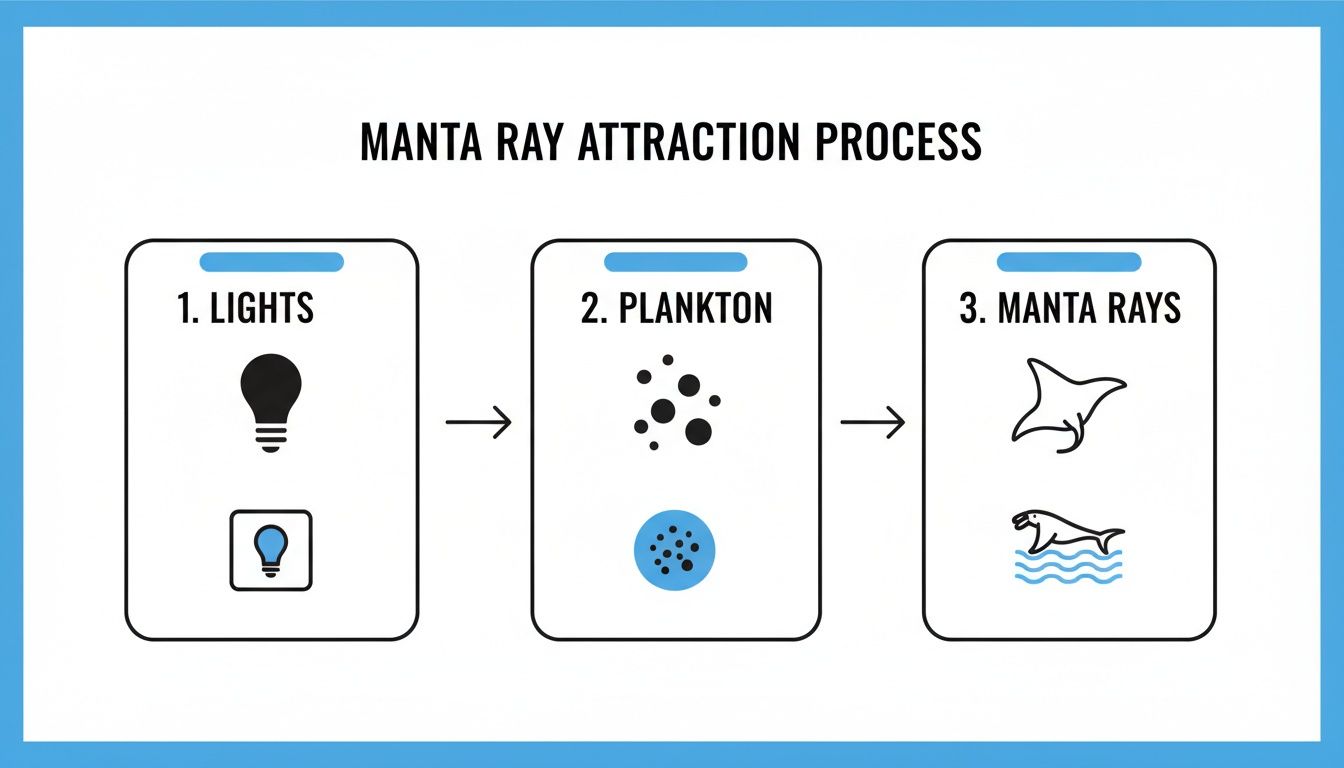 Infographic illustrating a three-step manta ray attraction process: lights attract plankton, which attracts manta rays.