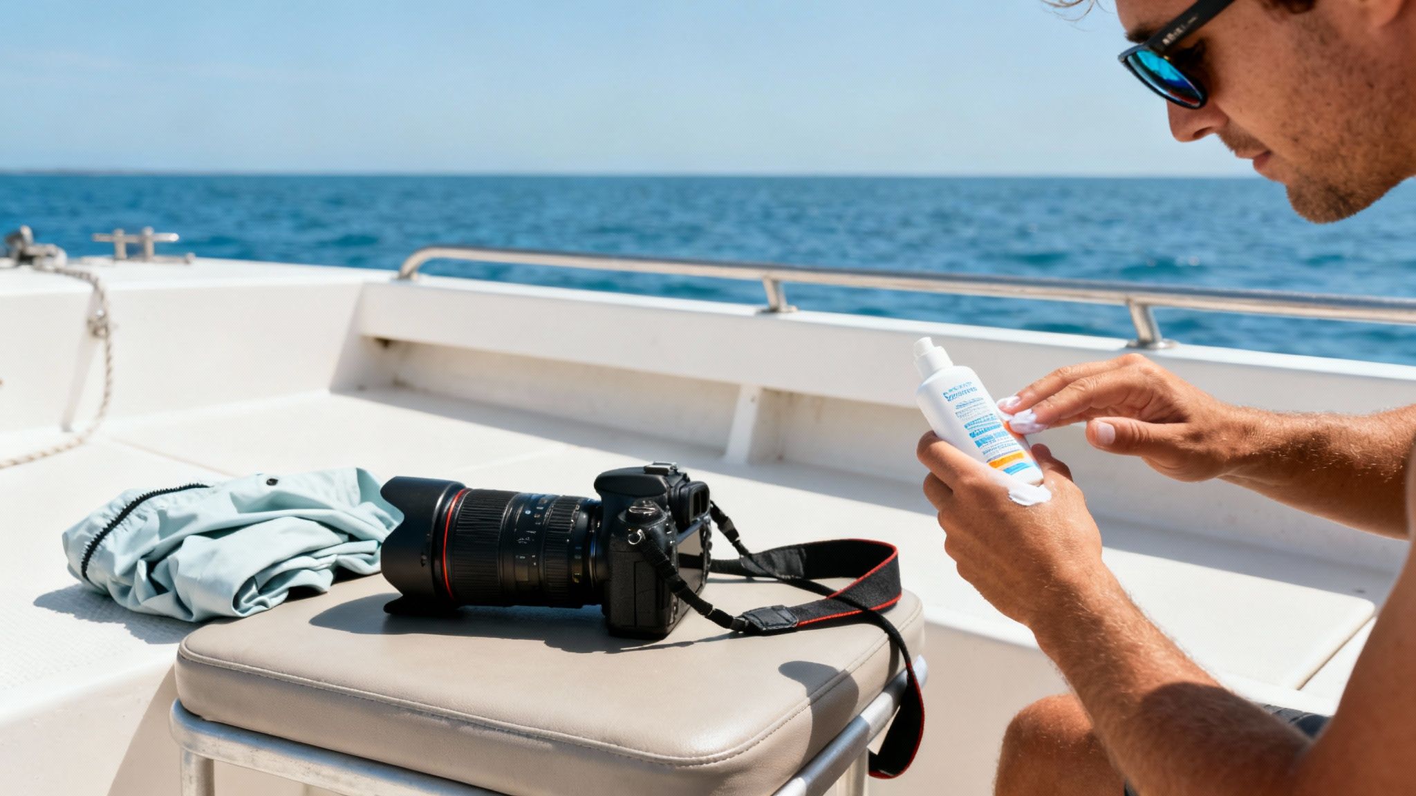 A person on a boat taking a photo of a breaching humpback whale with a professional camera.