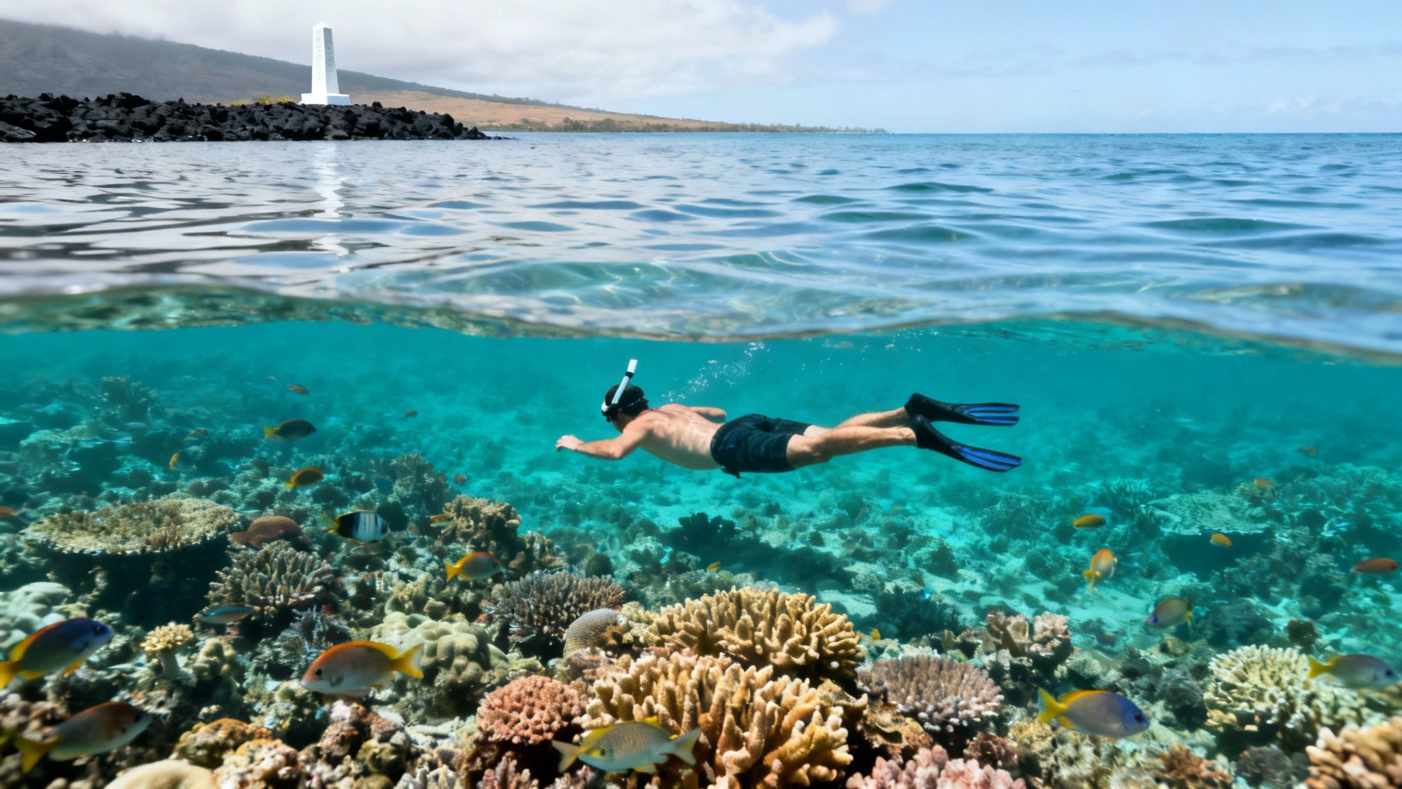 Man snorkeling over colorful coral and fish, with a white monument on a rocky coast above water.