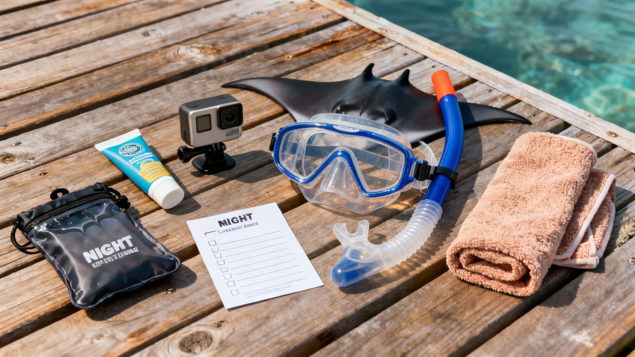Snorkeling essentials including mask, snorkel, GoPro, sunscreen, towel, and checklist on a wooden dock.