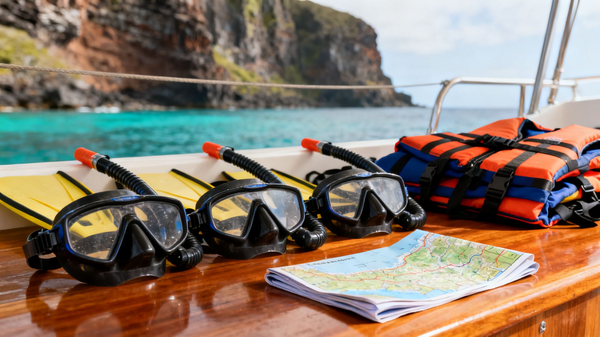 Snorkeling gear, life jackets, and a map laid out on a boat deck with a clear blue bay.