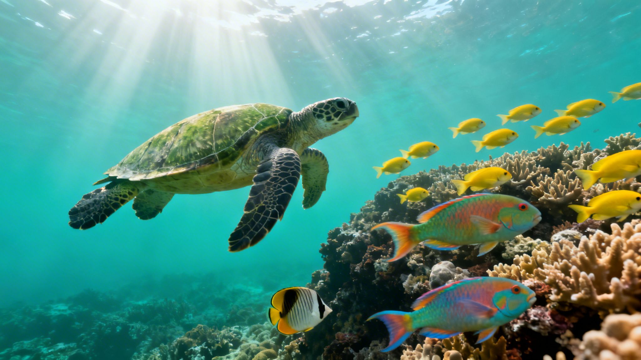 A green sea turtle swims over a vibrant coral reef teeming with colorful fish under sunlit clear blue ocean.
