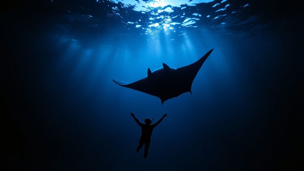 A snorkeler wearing a wetsuit gets ready to enter the water for a manta ray night snorkel in Kona.